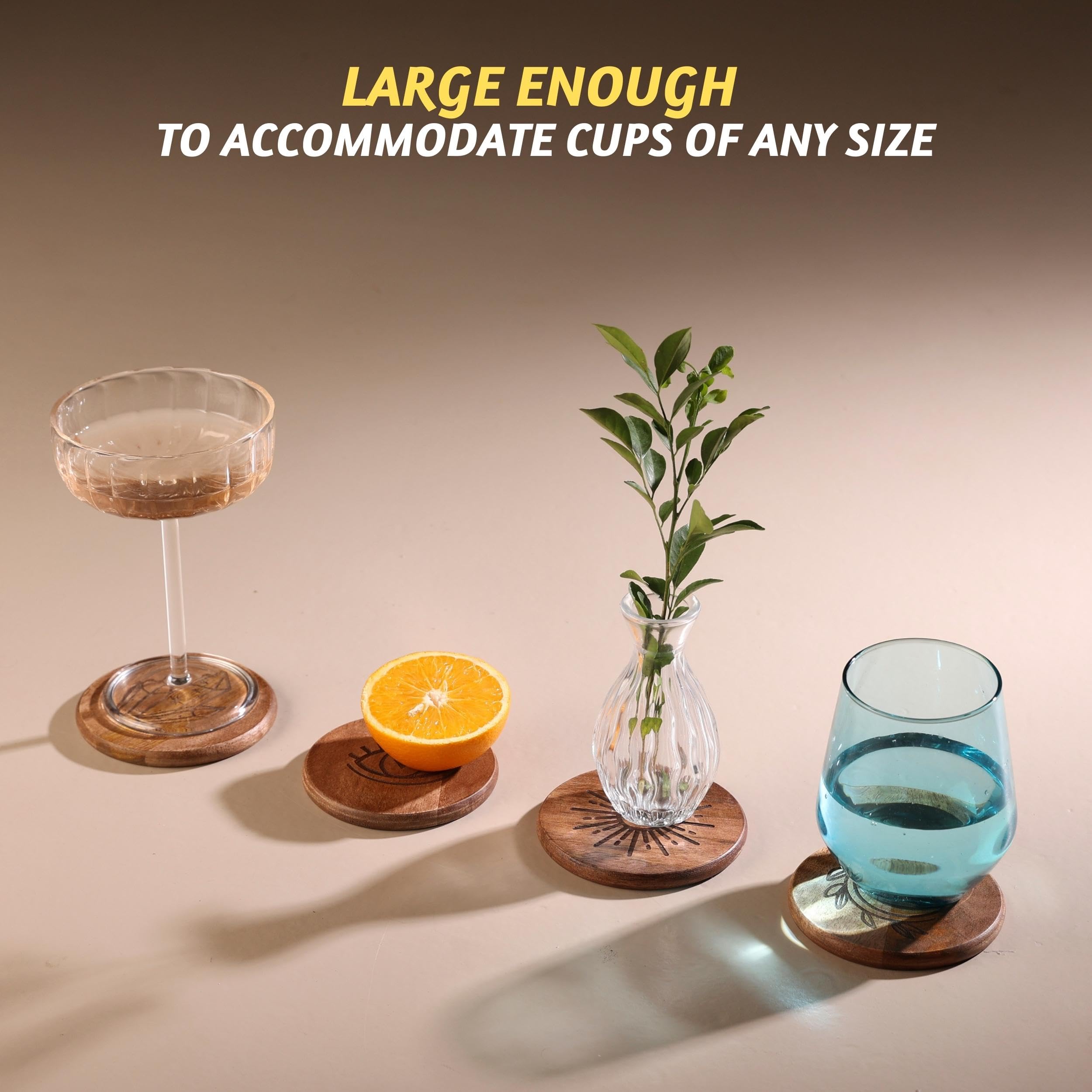 Folkulture Set of 4, 4" Round Mango Wood Boho Coasters with Holder