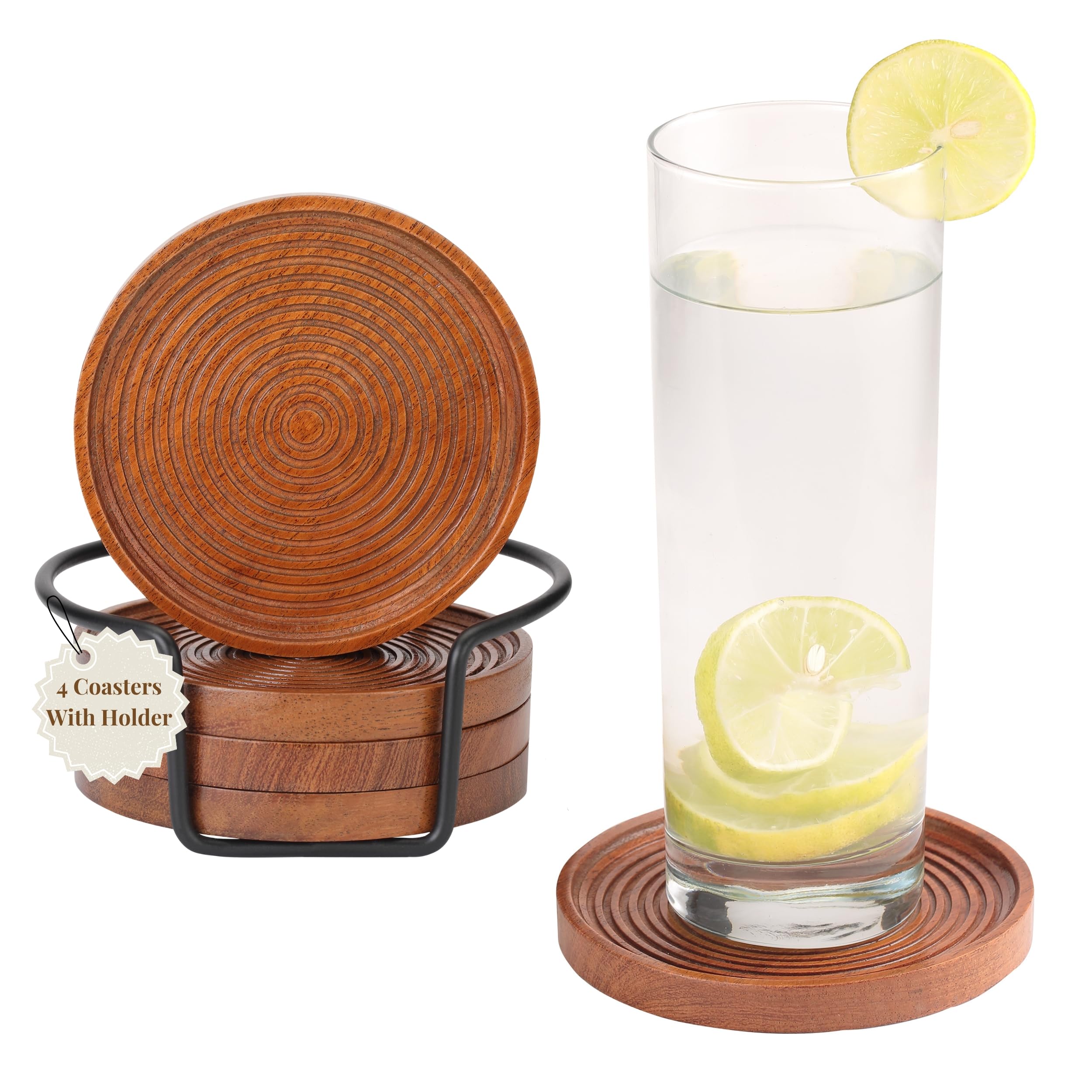 Set of 4, 4" Round Mango Wood Natural Ribbed Coasters with Holder