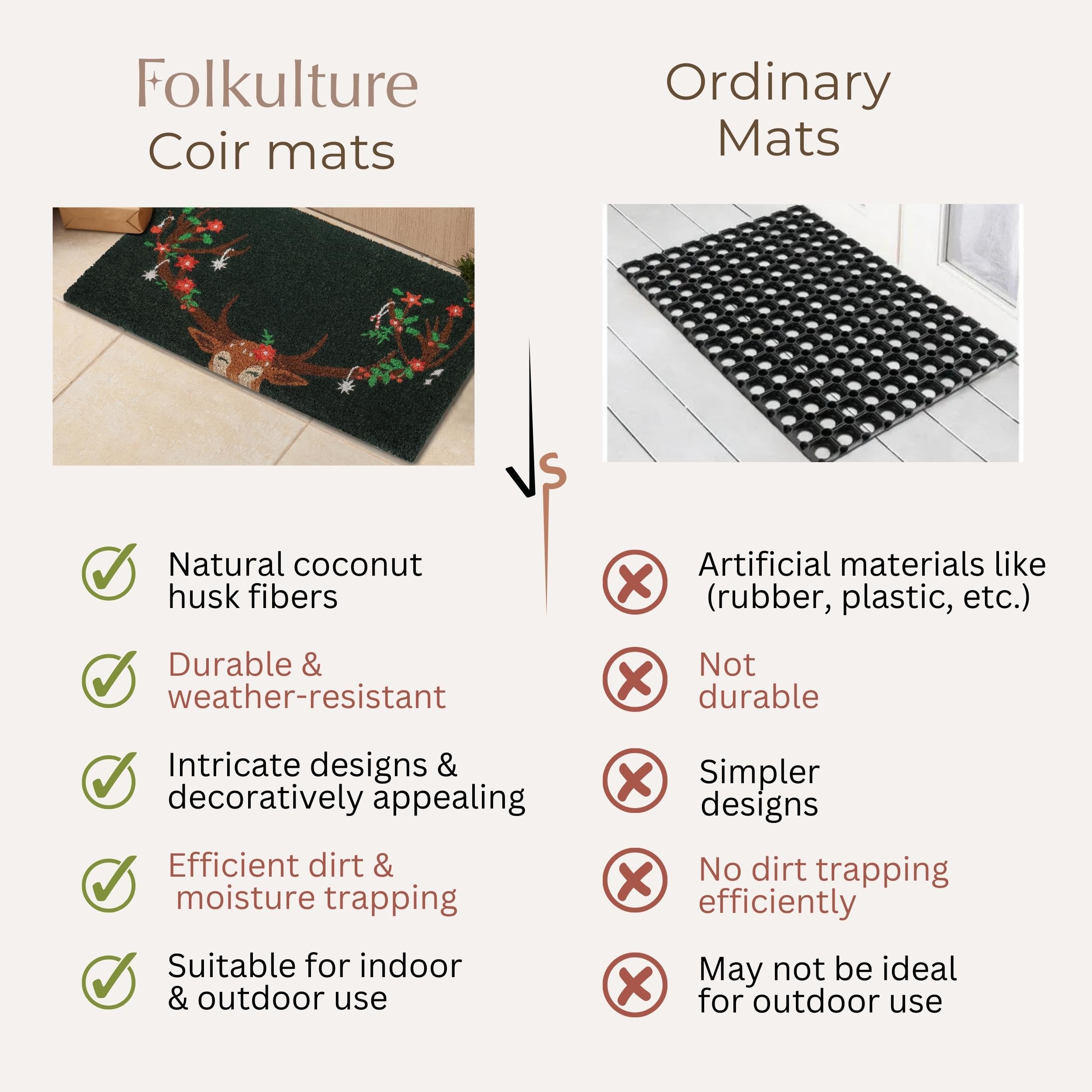 Folkulture Christmas Door Mat Outdoor | 28 x 16 Inch Eco-Friendly Coir Welcome Mat | Durable Anti-Slip Doormat for Front Door & Home Entrance (Reindeer)