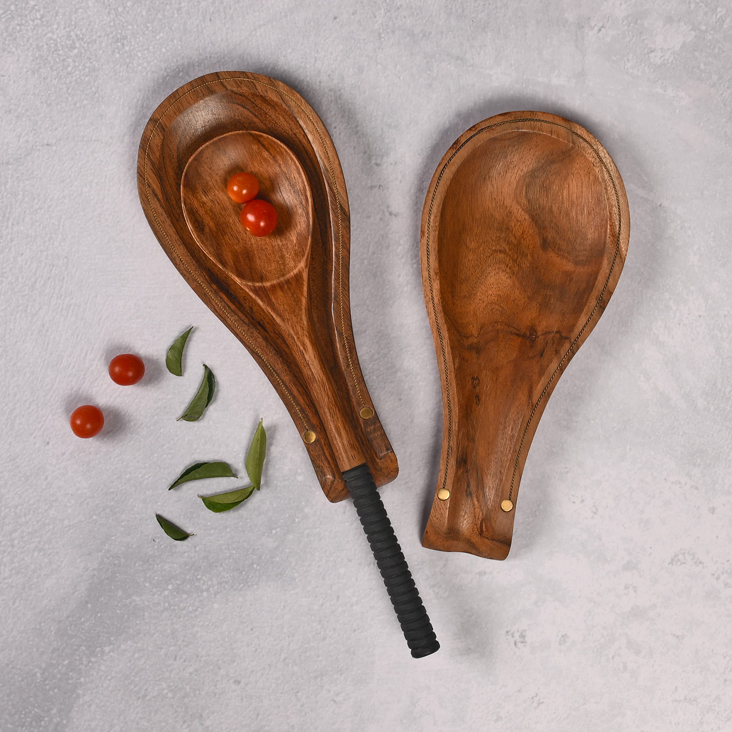 Folkulture Spoon Rest for Kitchen Counter, Set of 2 Spoon Holders for Spatula, Spoons or Tongs, Farmhouse Cooking Rest, Acacia Wood, 10"