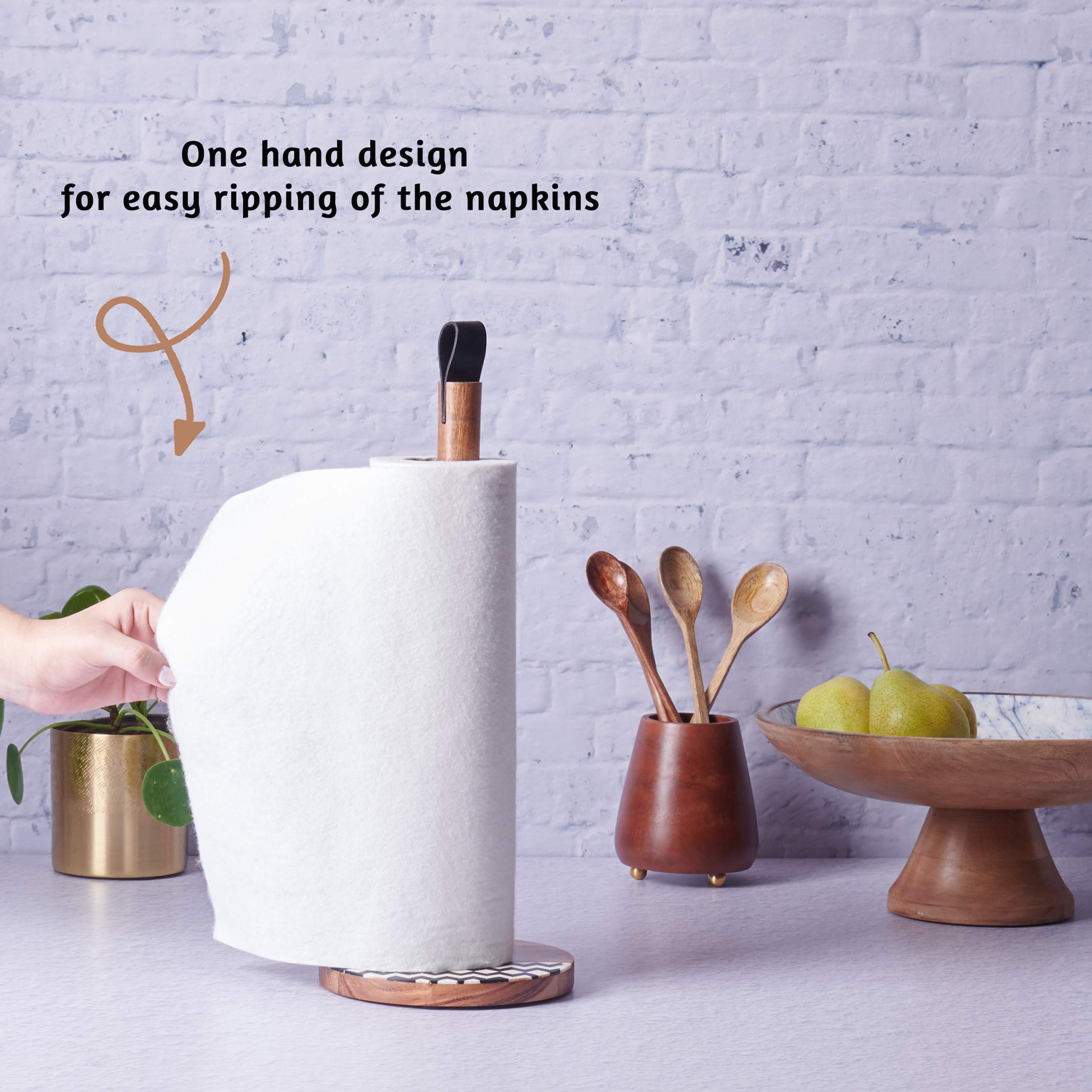 Folkulture Paper Towel Holder Stand for Kitchen Countertop, One-Hand Paper Towel Dispenser for Standard Rolls, Acacia Wood, 14" x 6"
