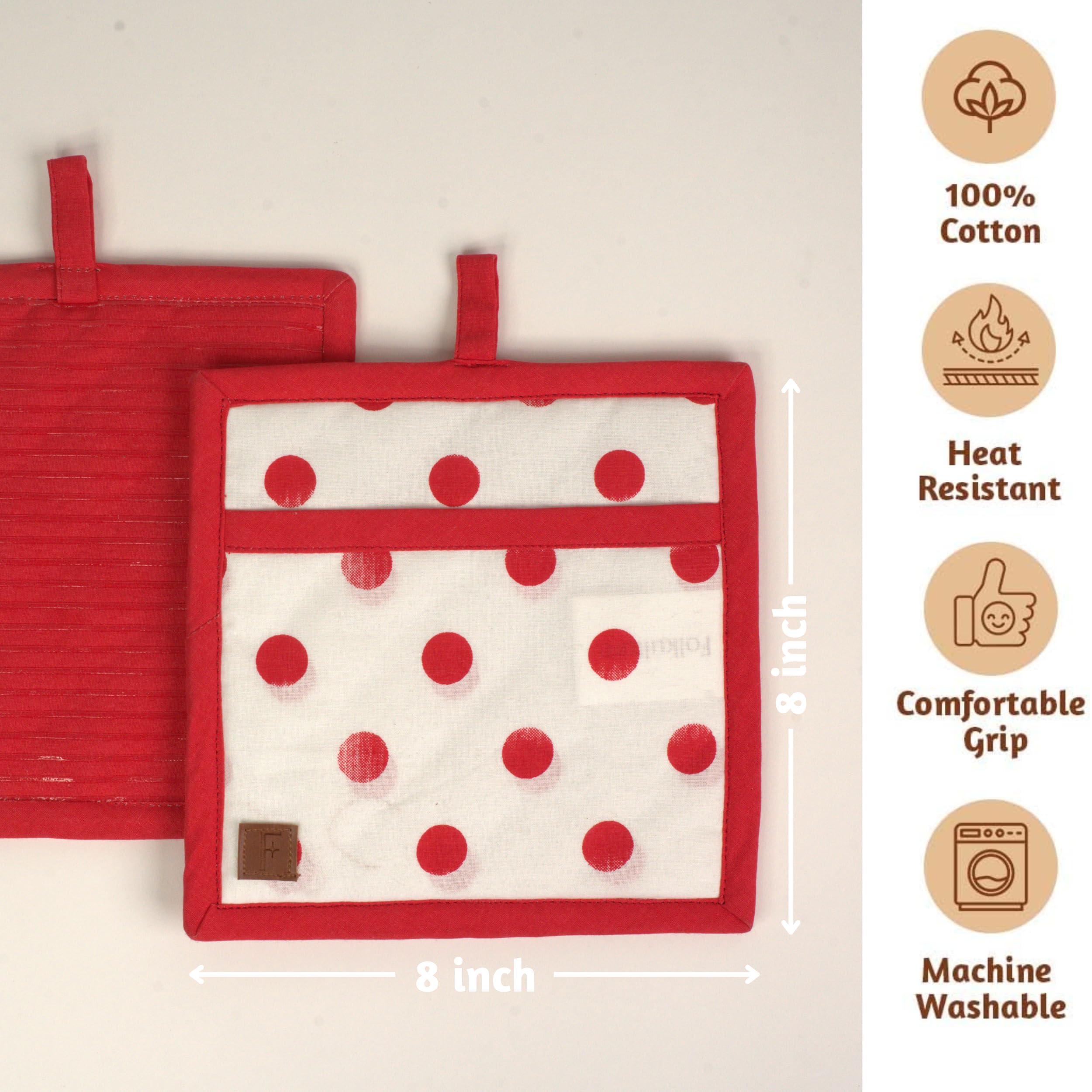 Folkulture Pot Holders 8"x8" Pack of 2 | Ribbed Silicone & Cotton Hot Pads | Heat Resistant, Non-Slip, Machine Washable- Red Polka Dots