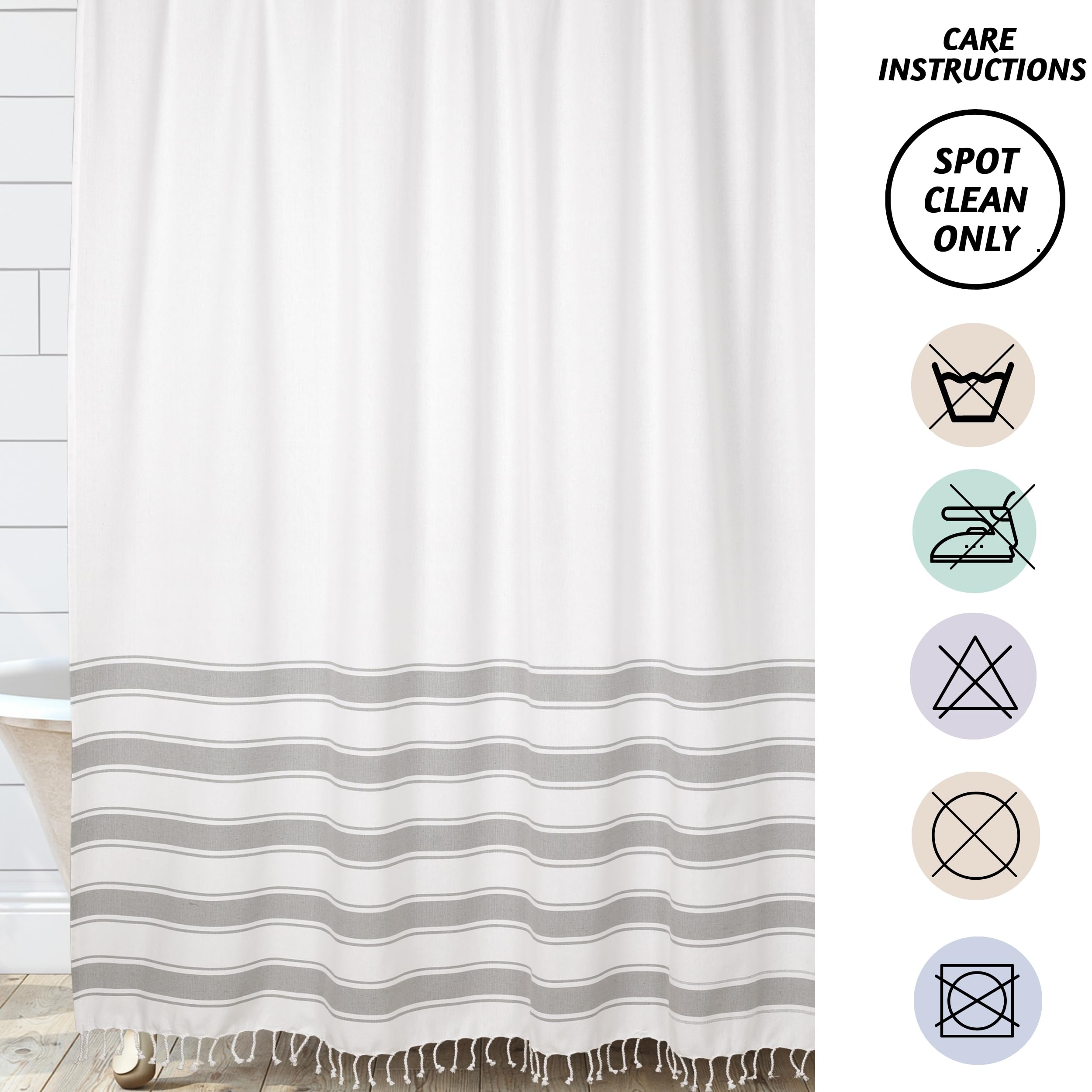 Folkulture Boho Shower Curtain 72" X 72" Water Repellent White Shower Curtain with Tassels, Grey Shower Curtains Recycled Cotton (Ash Gray)