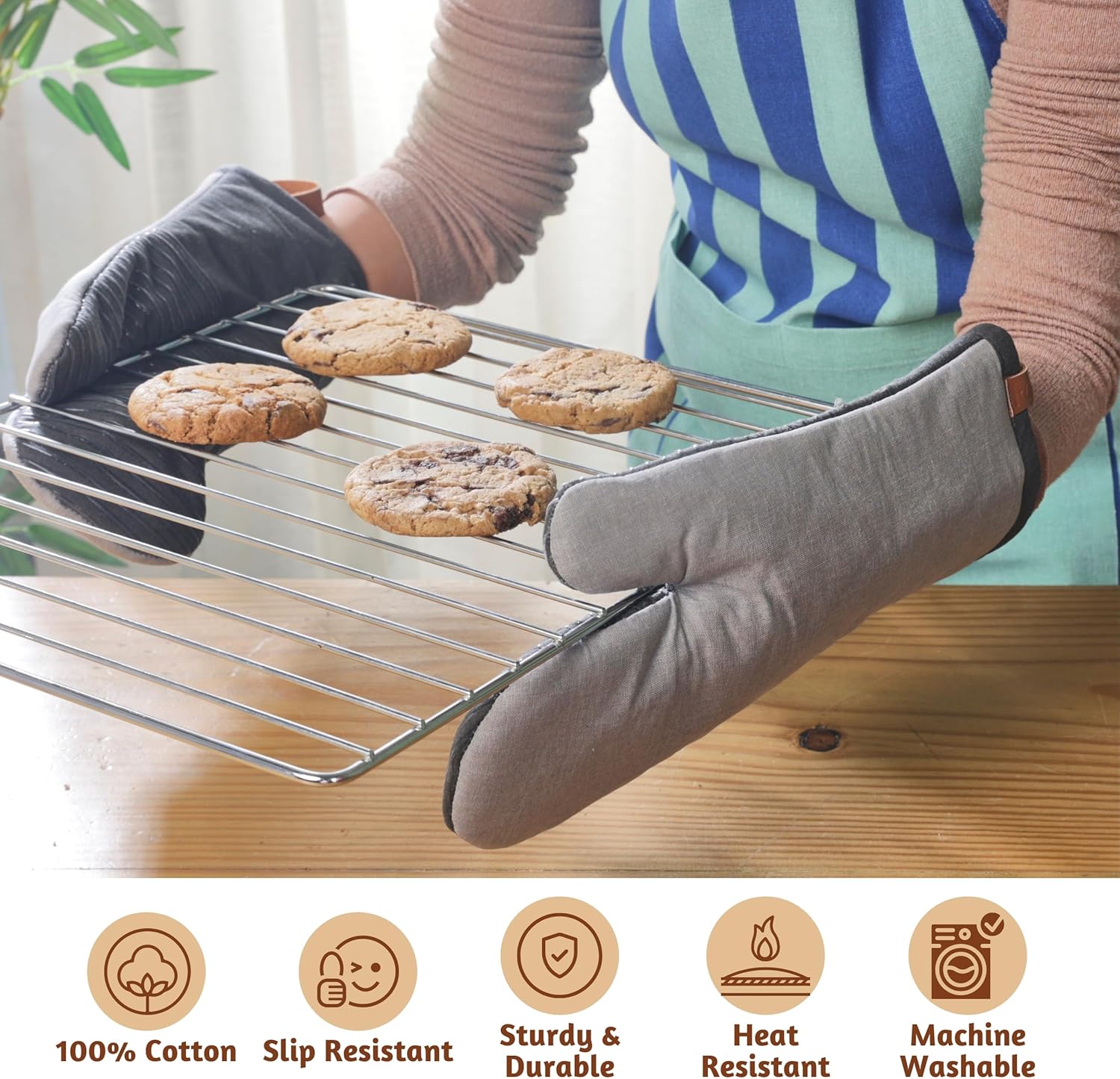 Folkulture Heat Resistant Oven Mitts | 12" x 5.5" Silicone & Cotton Kitchen Gloves Set | Cute Mitts for Cooking & Baking -Charcoal