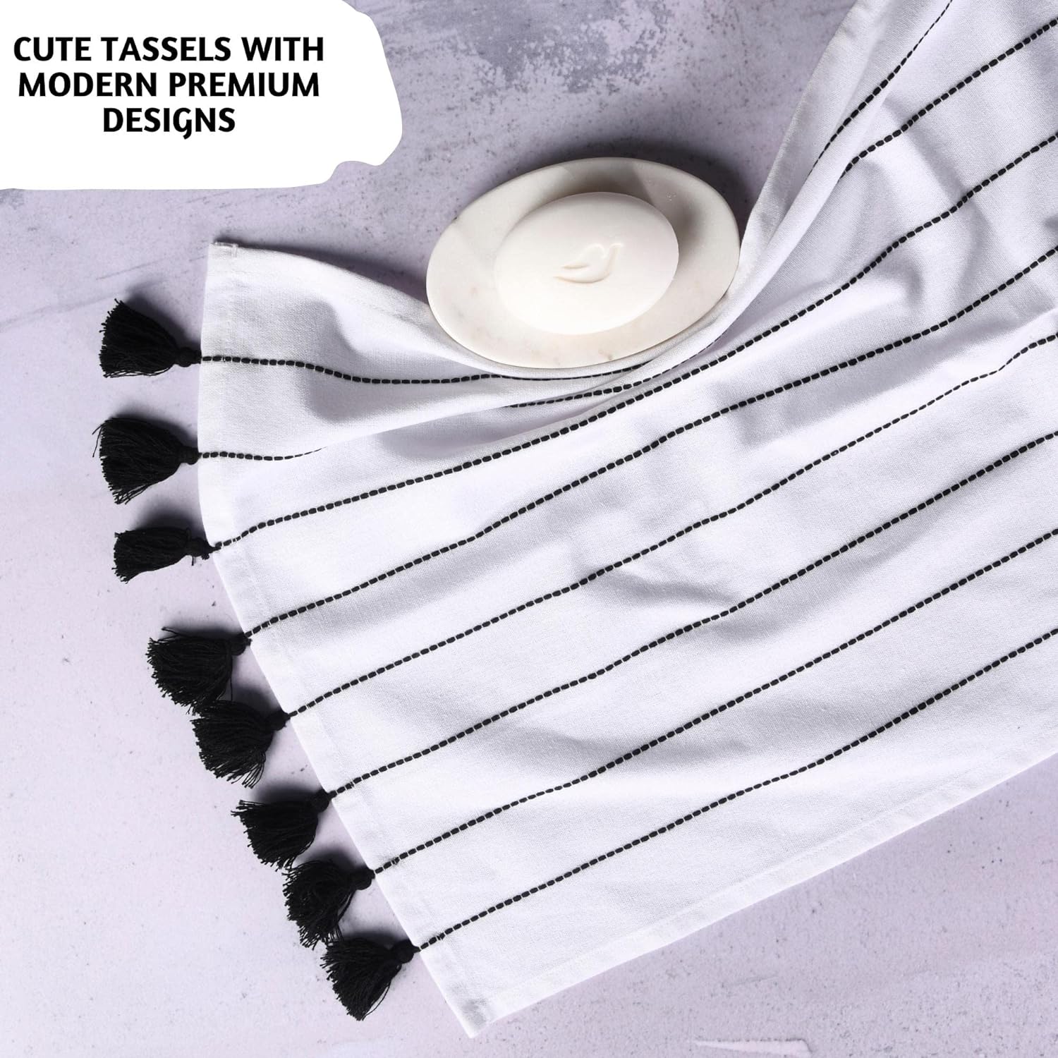 Folkulture Hand Towels for Bathroom, Set of 2 (16" x 30"), 100% Cotton Hanging Towels for Bathroom with Tassels (Hamilton Black & White)