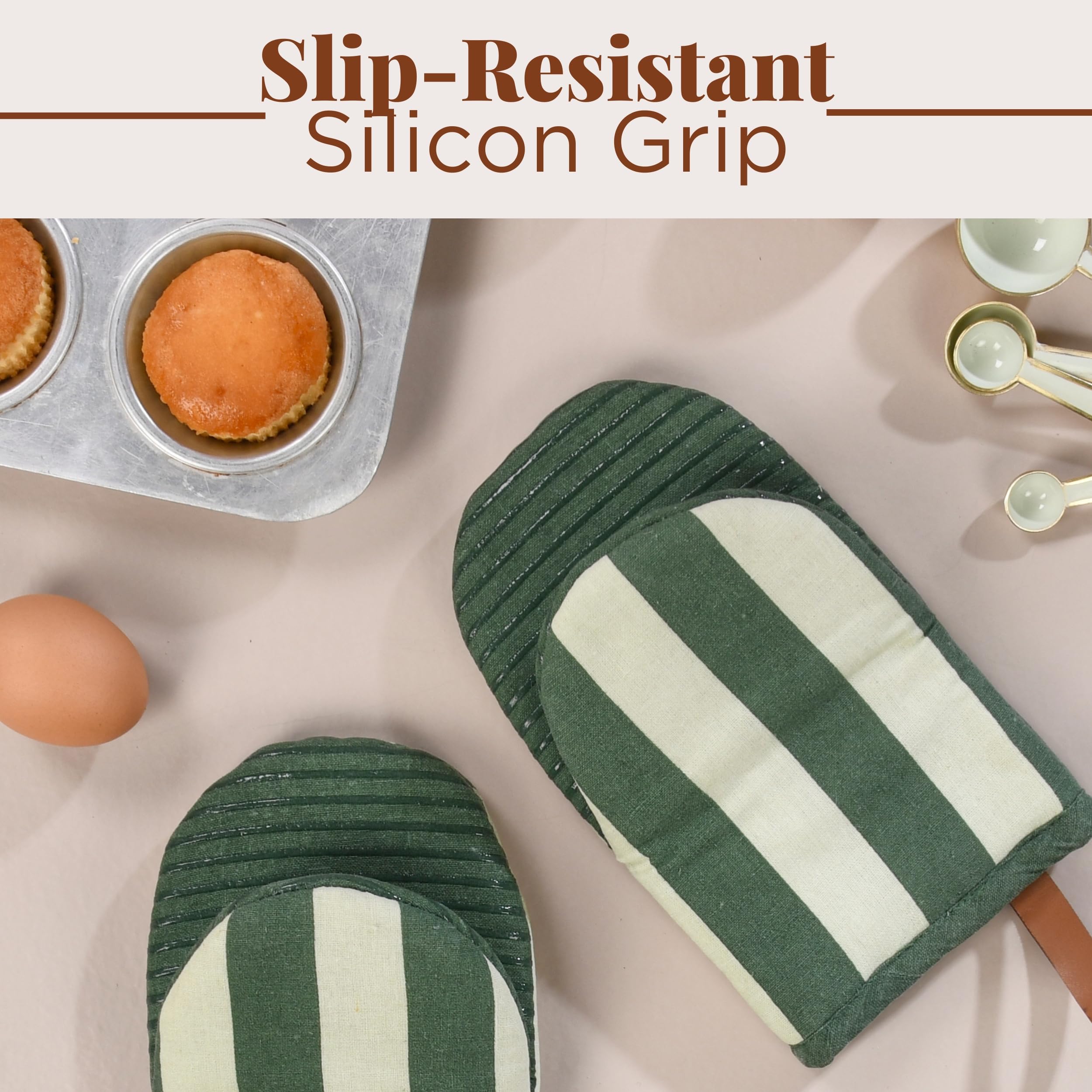 Folkulture Singles Matcha Mini Mitt & Potholder | 100% Cotton with Non-Slip Silicone Grip | Heat Resistant Oven Mitt Set | Durable & Washable - Matcha