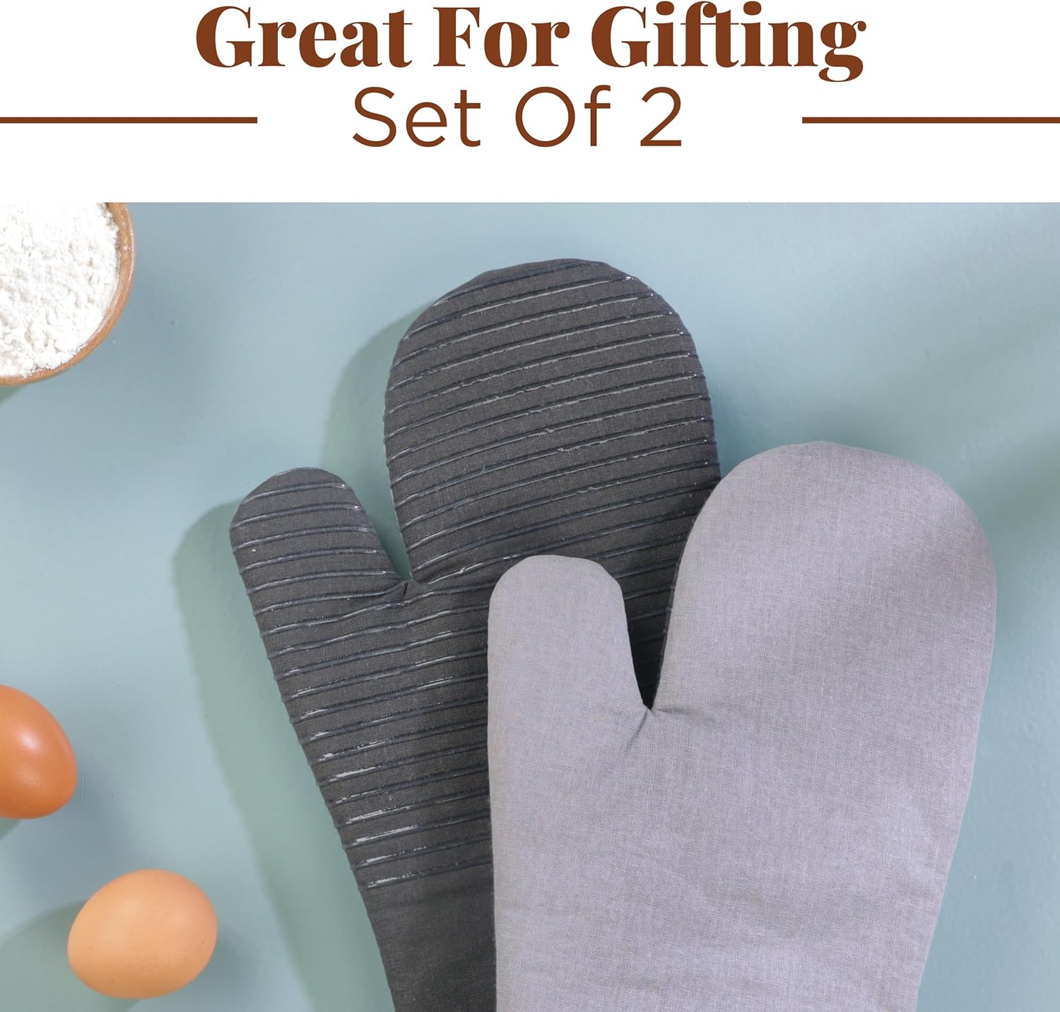 Folkulture Heat Resistant Oven Mitts | 12" x 5.5" Silicone & Cotton Kitchen Gloves Set | Cute Mitts for Cooking & Baking -Charcoal