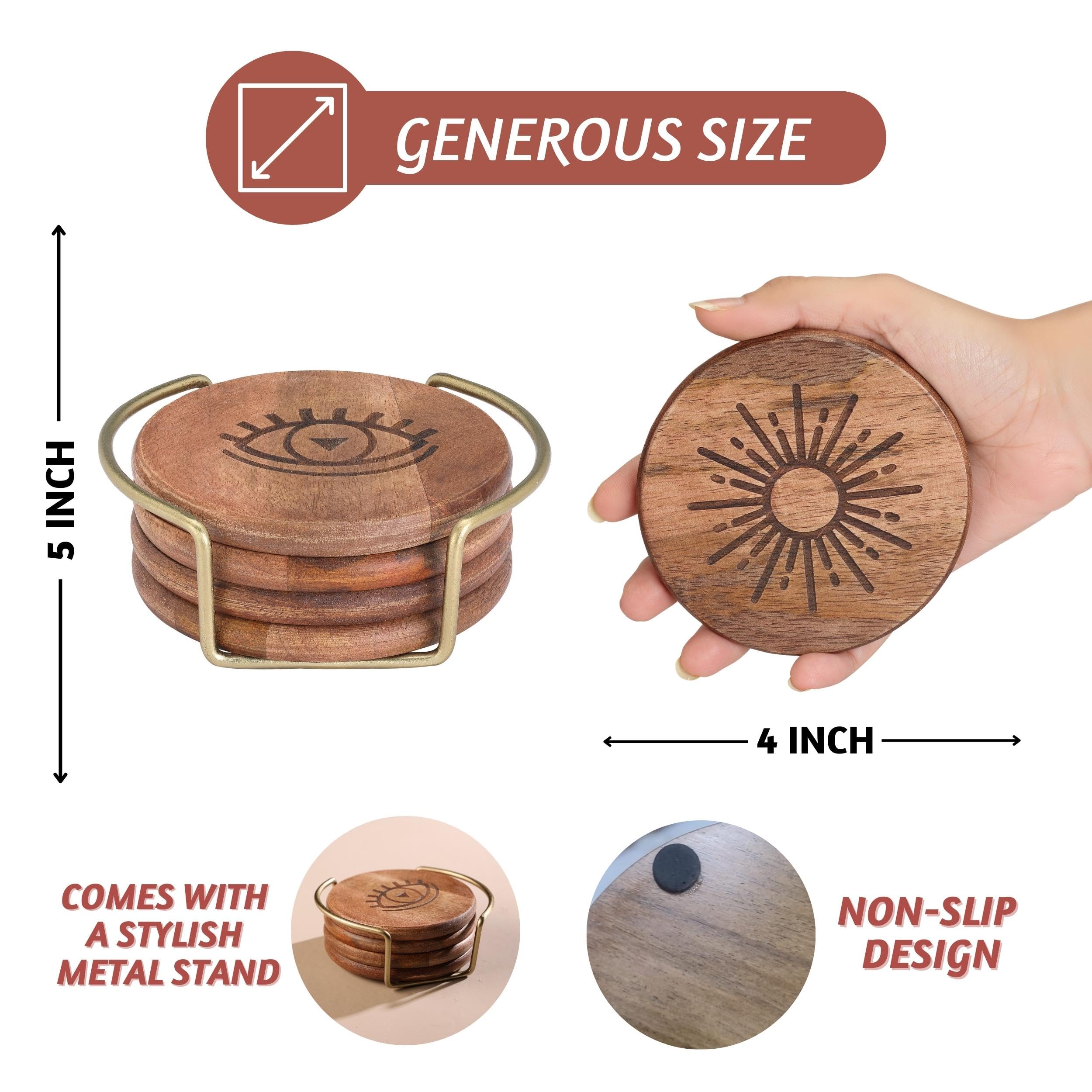 Folkulture Set of 4, 4" Round Mango Wood Boho Coasters with Holder