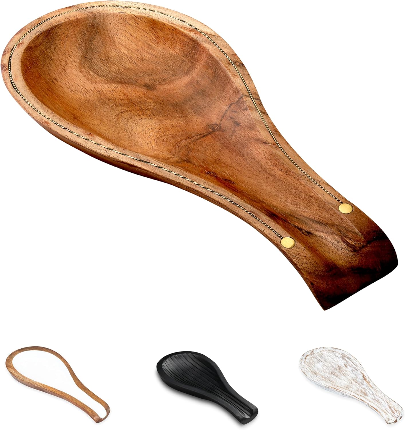 Folkulture Spoon Rest with Brass Inlay Acacia Wood