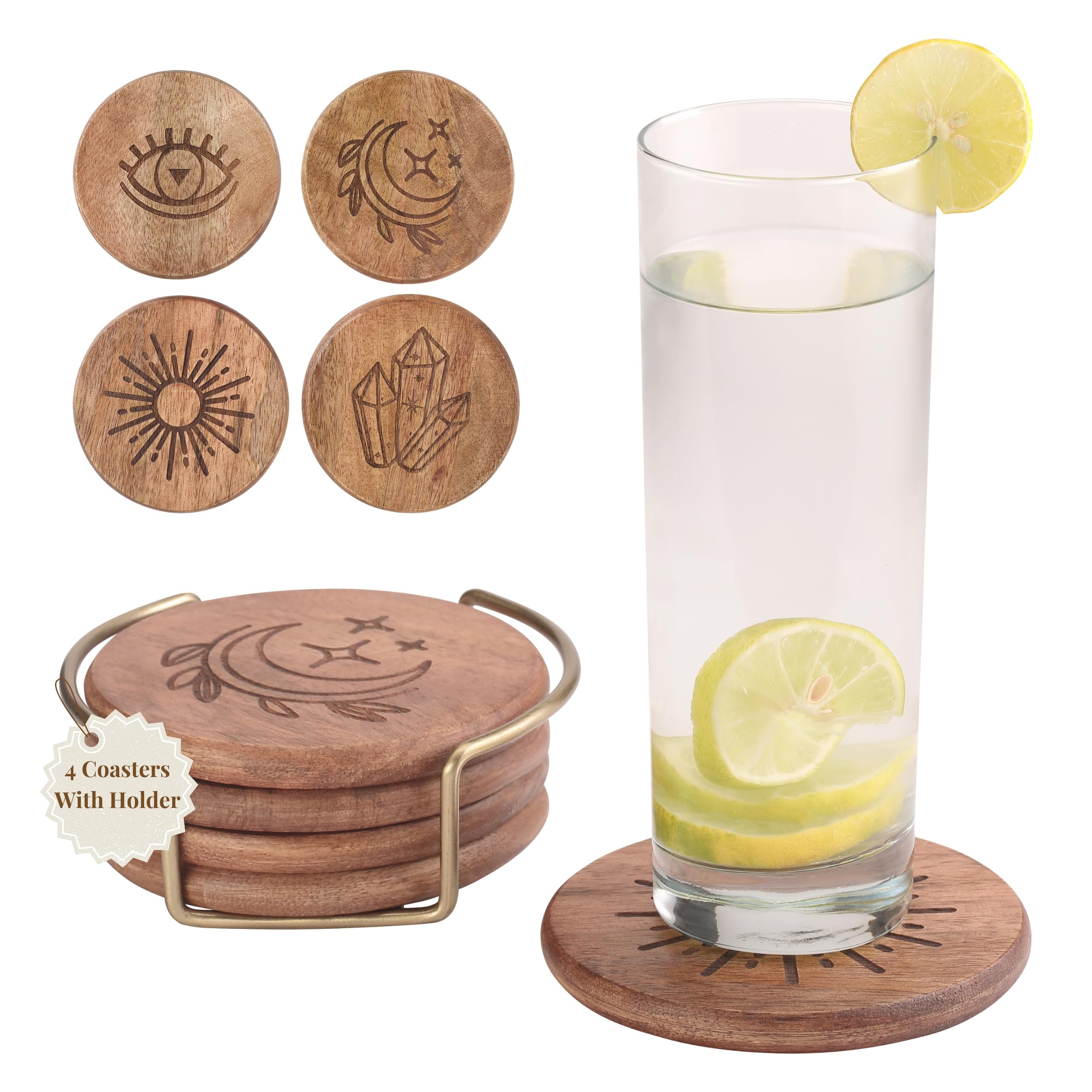 Set of 4, 4" Round Mango Wood Boho Coasters with Holder
