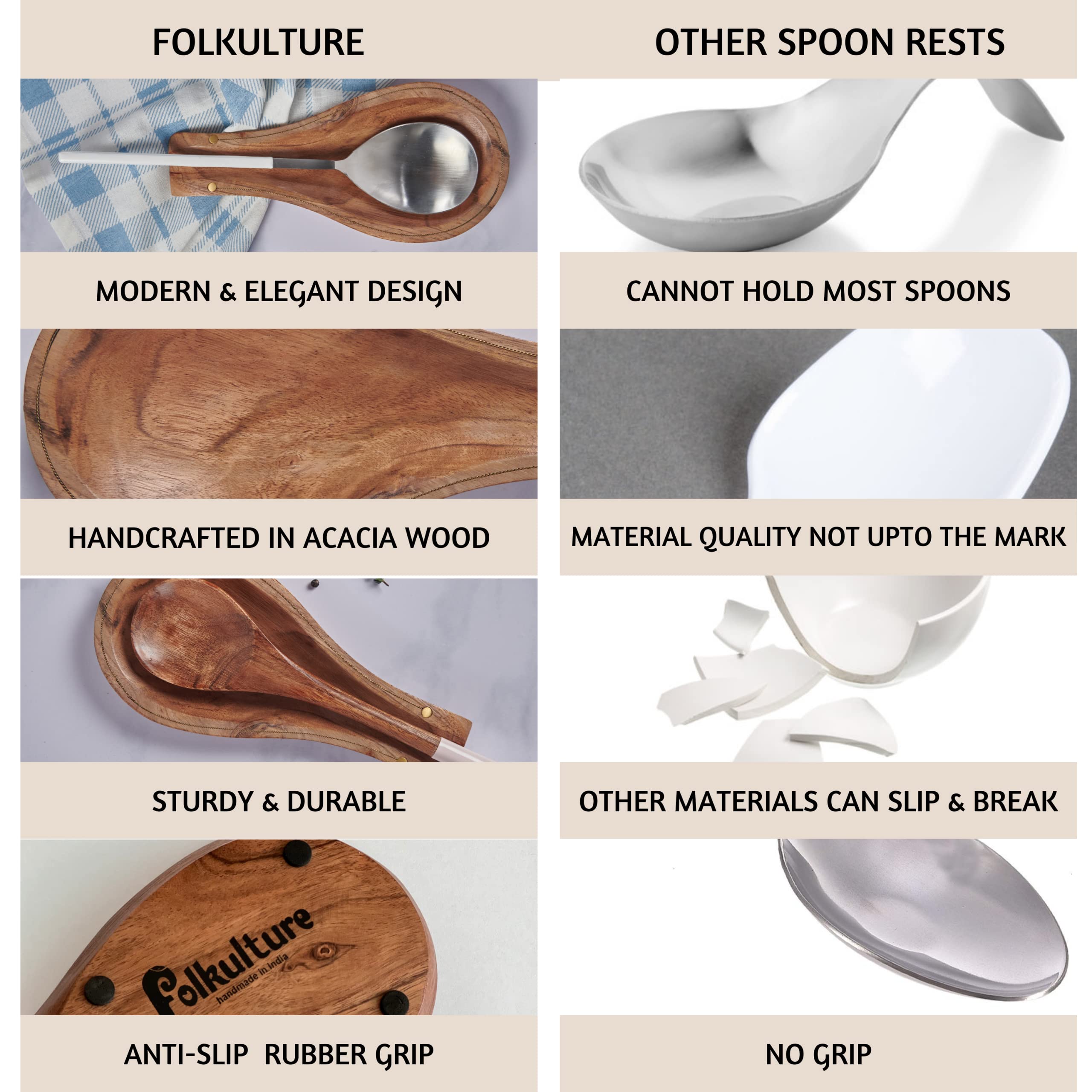 Folkulture Spoon Rest for Kitchen Counter, Set of 2 Spoon Holders for Spatula, Spoons or Tongs, Farmhouse Cooking Rest, Acacia Wood, 10"