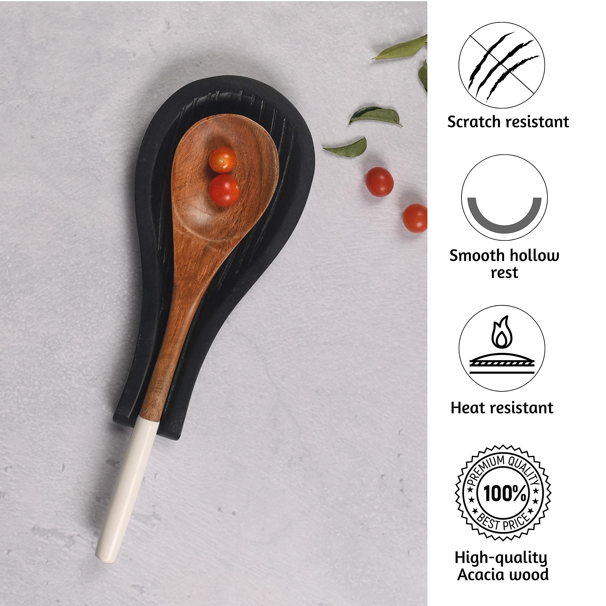 Acacia Wood Black Ribbed Spoon Rest