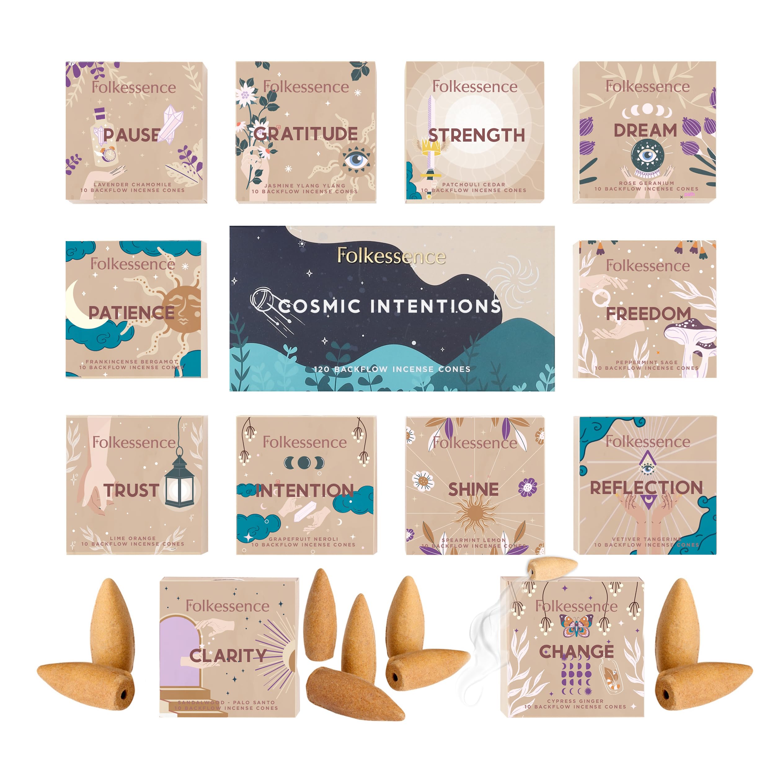 Pack of 12, 120 Backflow Incense Cones Cosmic Intentions
