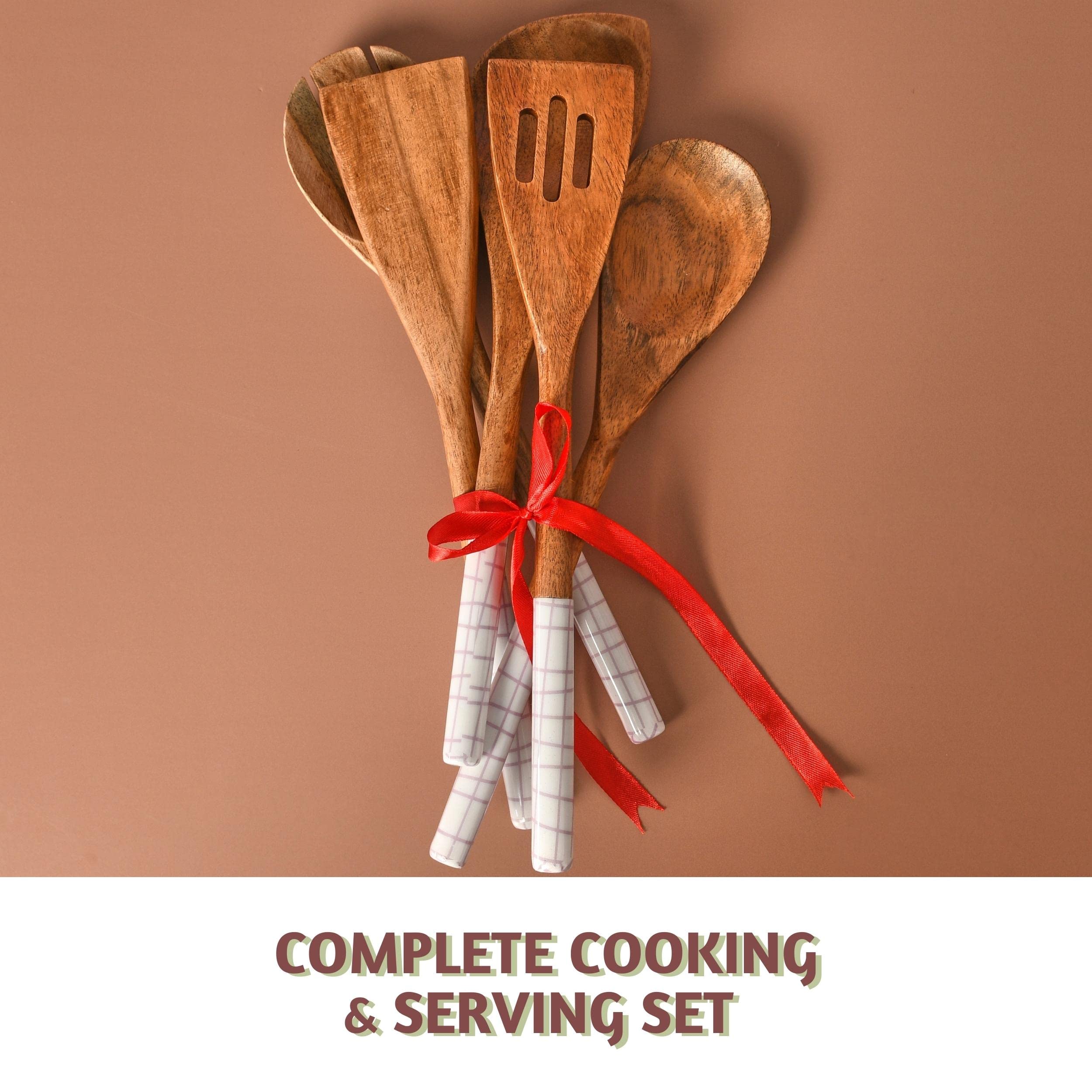 Folkulture Wooden Cooking Utensils White Checks - Set of 5