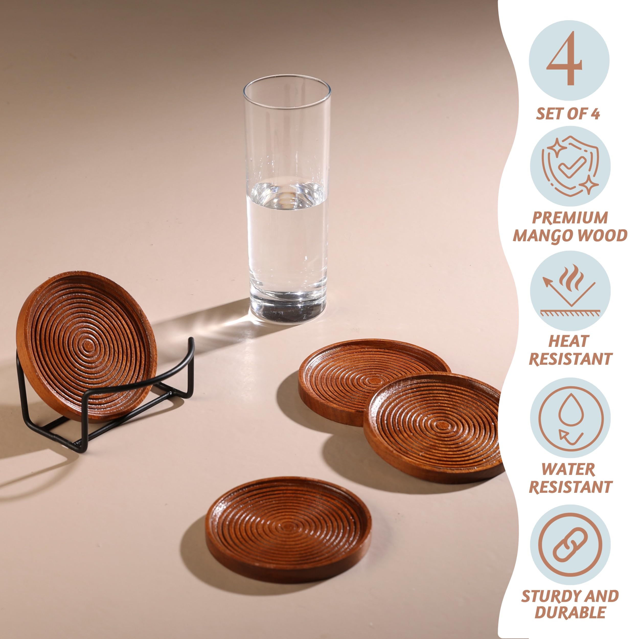 Set of 4, 4" Round Mango Wood Natural Ribbed Coasters with Holder