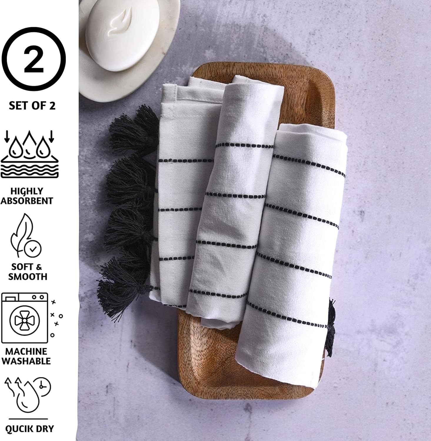 Folkulture Hand Towels for Bathroom, Set of 2 (16" x 30"), 100% Cotton Hanging Towels for Bathroom with Tassels (Hamilton Black & White)