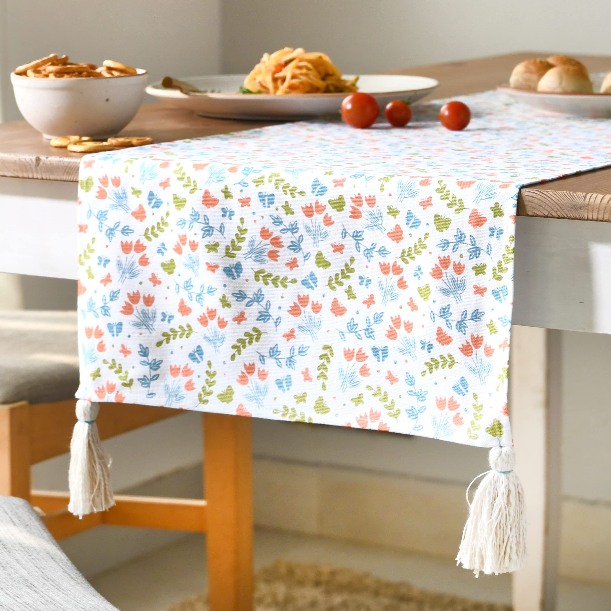 Folkulture Spring Table Runner 72 Inches with Tassels, 100% Cotton Rustic Runner for Home Decor, Coffee or Dining Table, Spring Garden