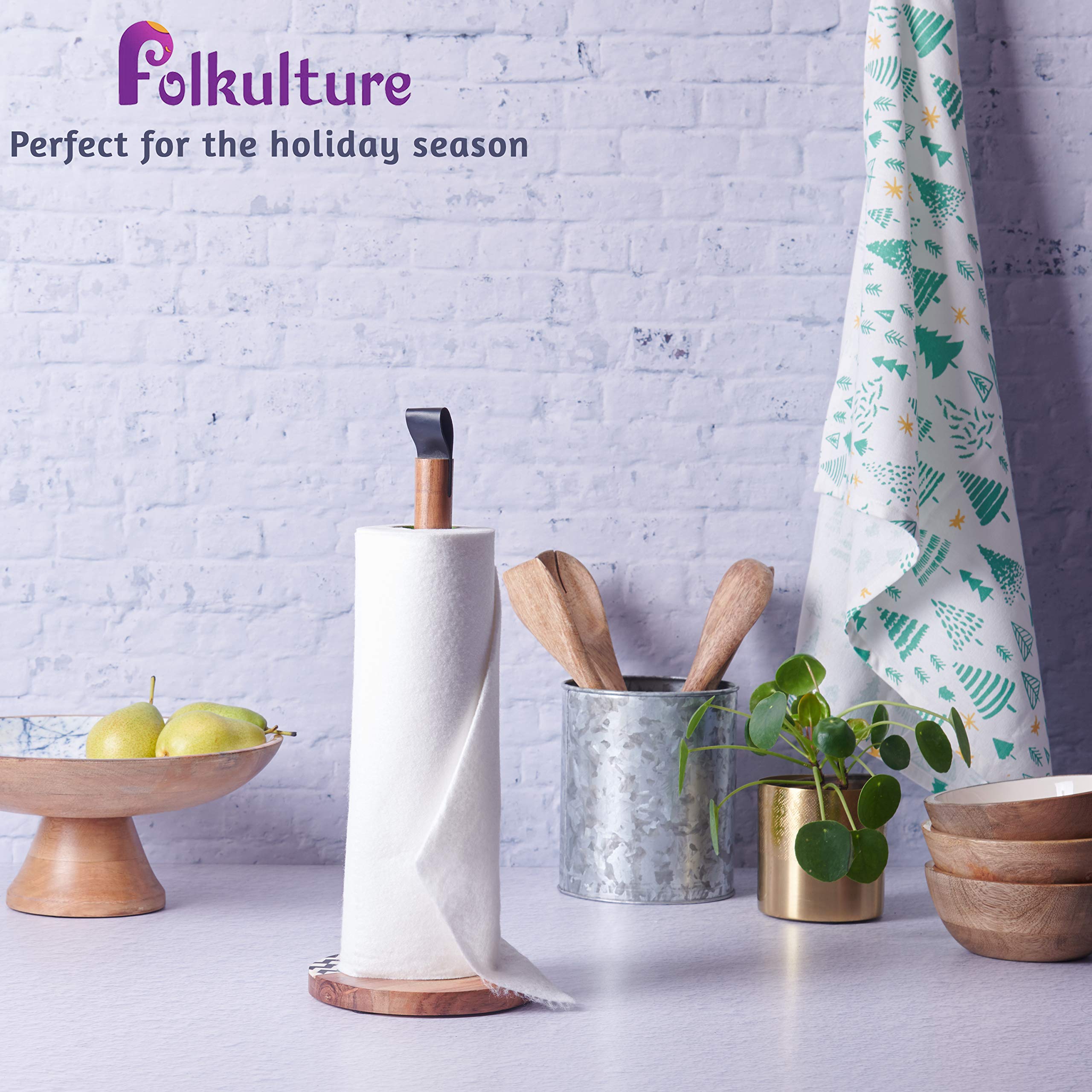 Folkulture Paper Towel Holder Stand for Kitchen Countertop, One-Hand Paper Towel Dispenser for Standard Rolls, Acacia Wood, 14" x 6"