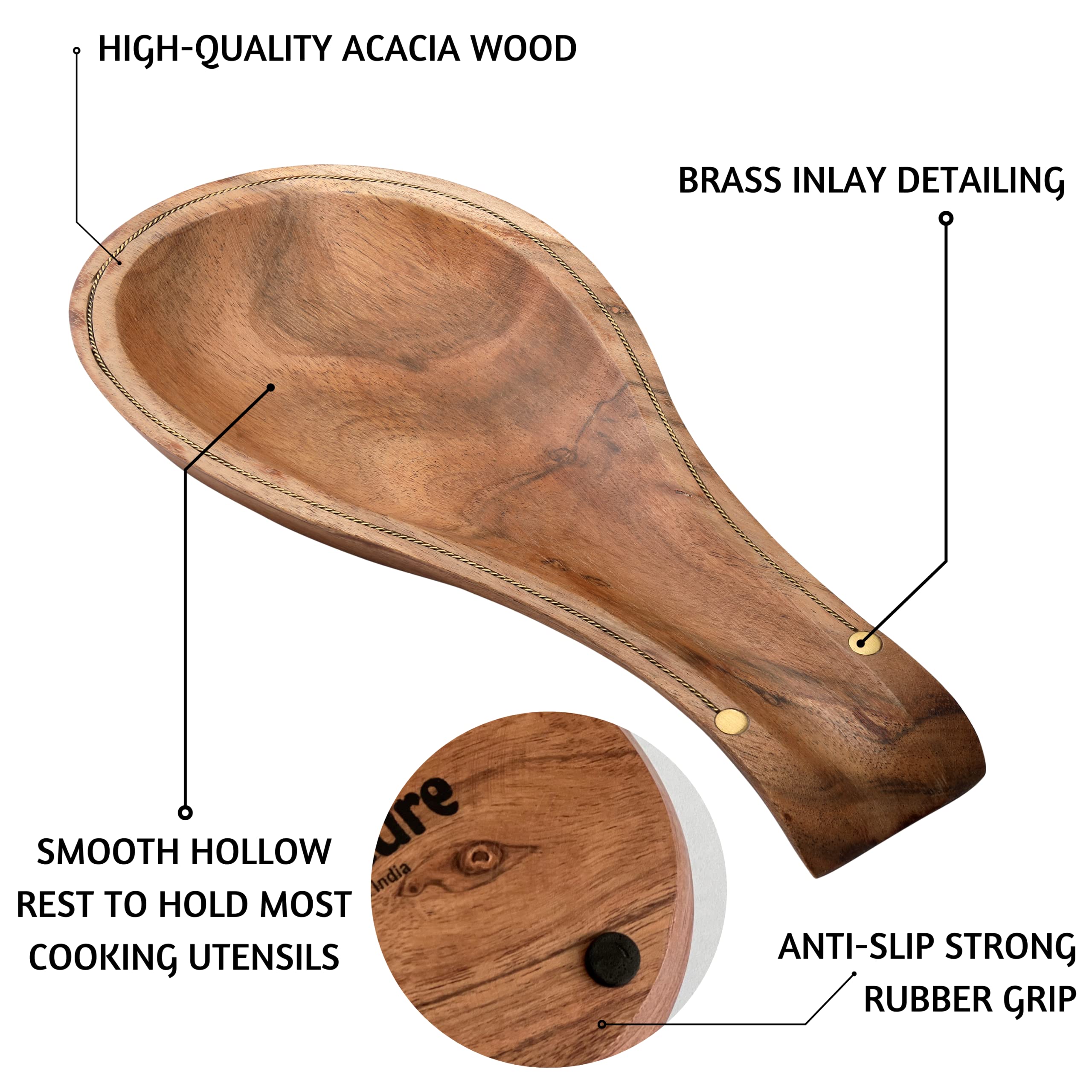 Folkulture Spoon Rest for Kitchen Counter, Set of 2 Spoon Holders for Spatula, Spoons or Tongs, Farmhouse Cooking Rest, Acacia Wood, 10"