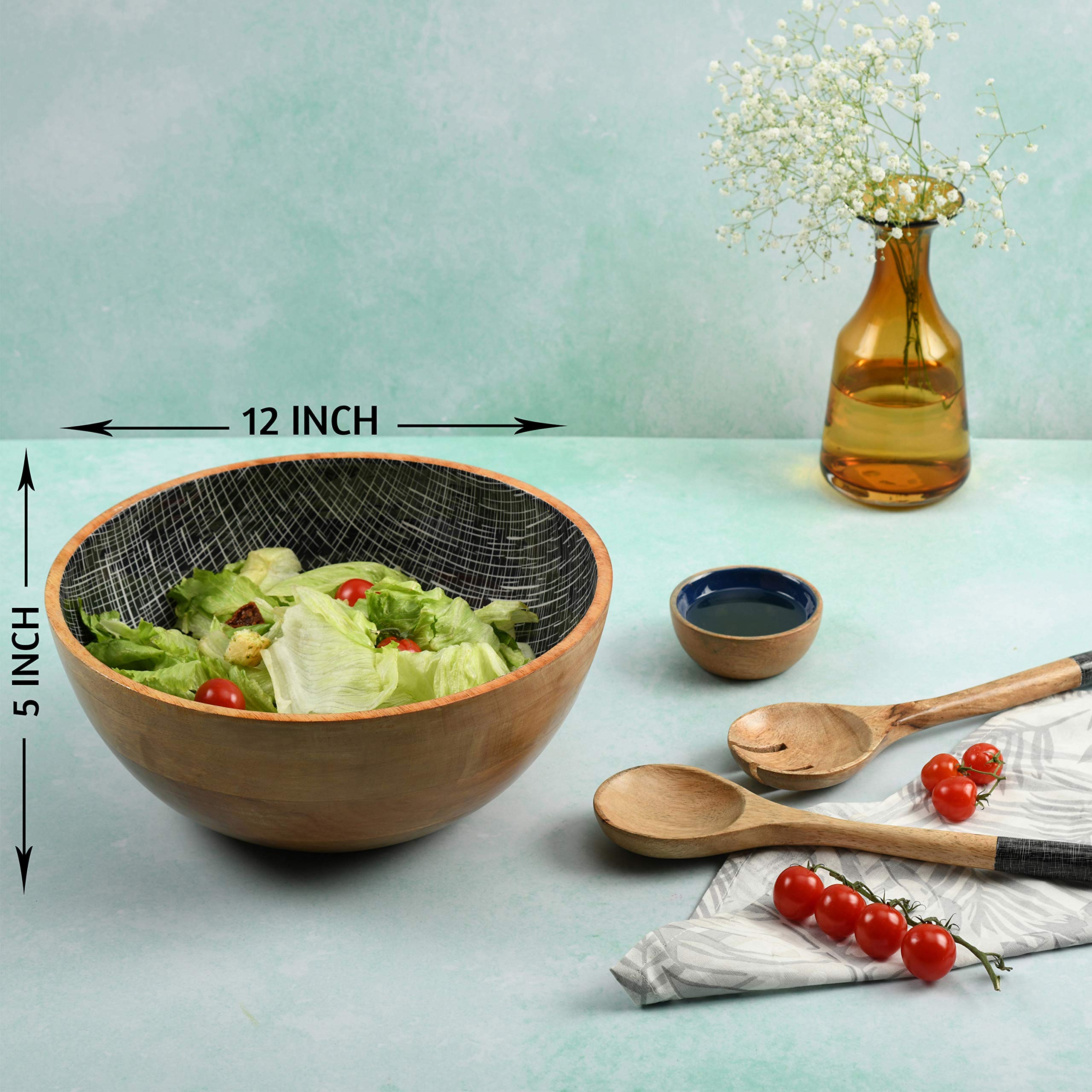 Mango Wood 12" Black Checks Salad Bowl with Servers