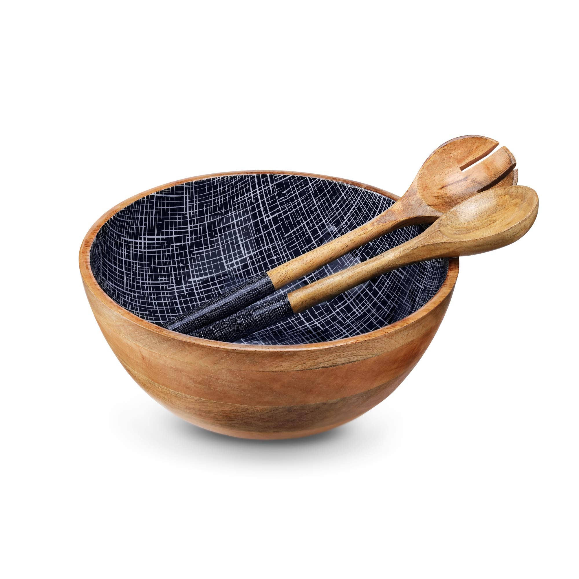 Mango Wood 12" Black Checks Salad Bowl with Servers