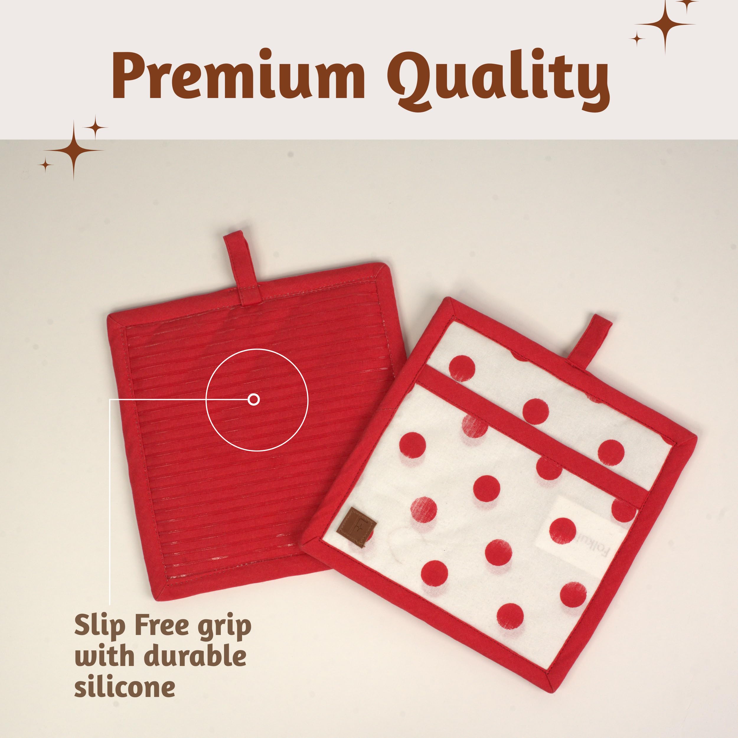 Folkulture Pot Holders 8"x8" Pack of 2 | Ribbed Silicone & Cotton Hot Pads | Heat Resistant, Non-Slip, Machine Washable- Red Polka Dots