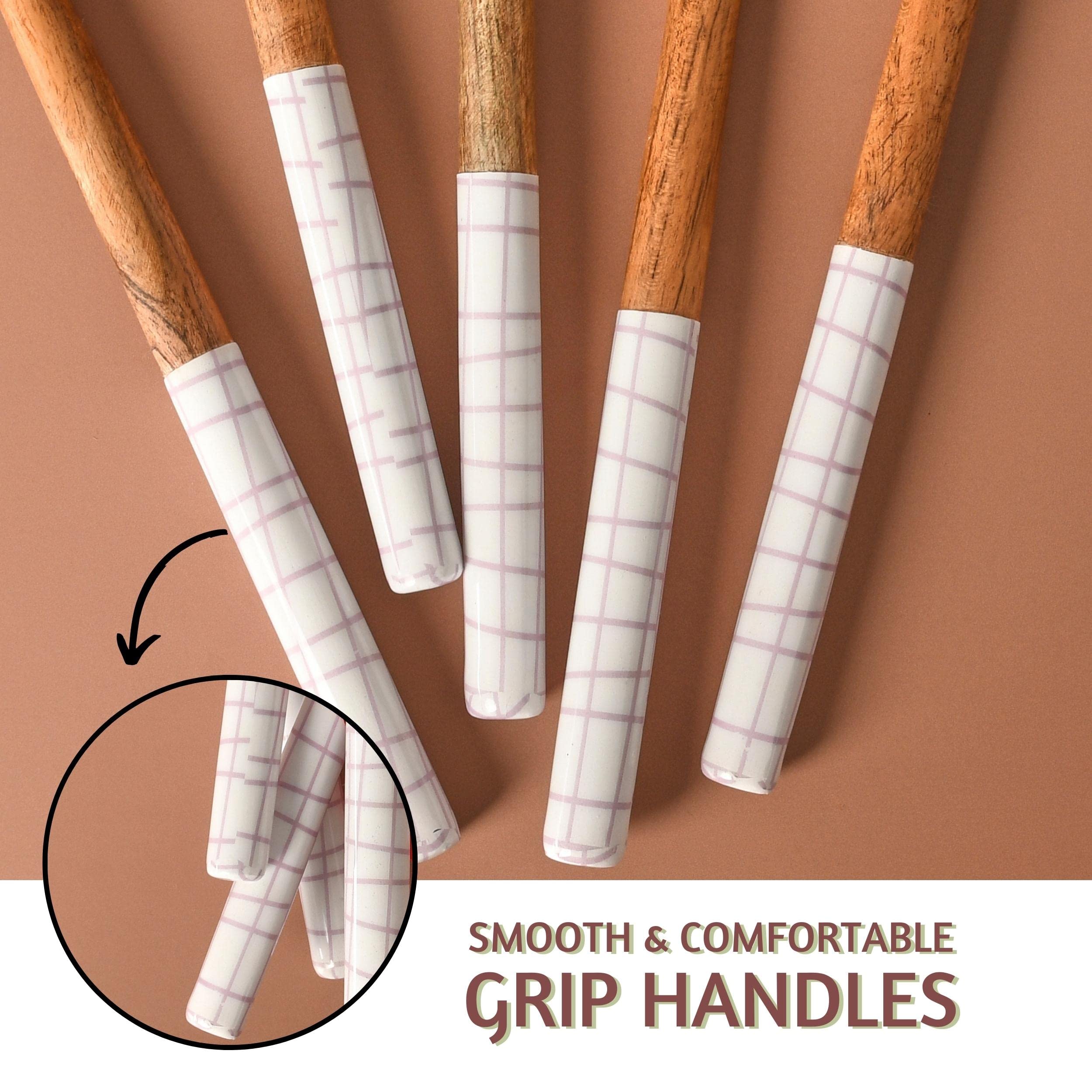 Folkulture Wooden Cooking Utensils White Checks - Set of 5