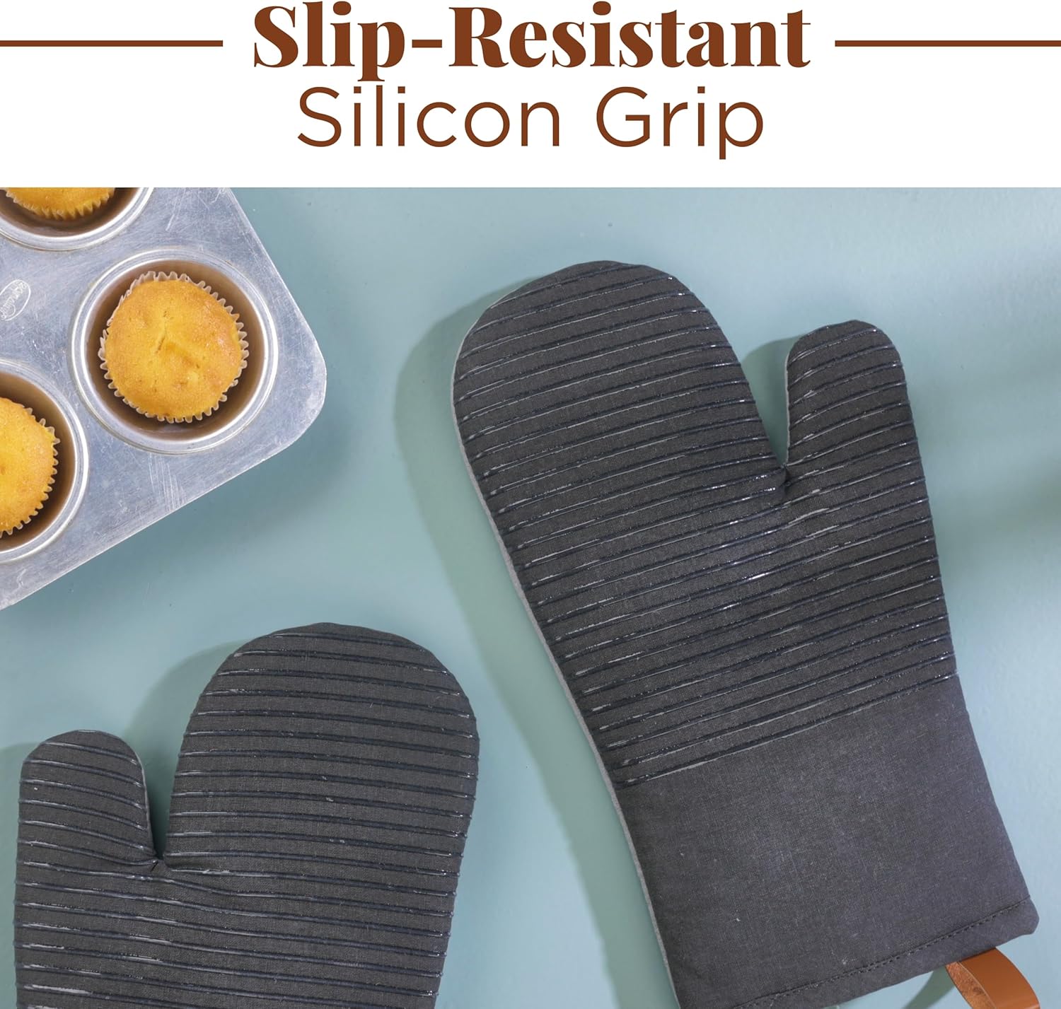 Folkulture Heat Resistant Oven Mitts | 12" x 5.5" Silicone & Cotton Kitchen Gloves Set | Cute Mitts for Cooking & Baking -Charcoal