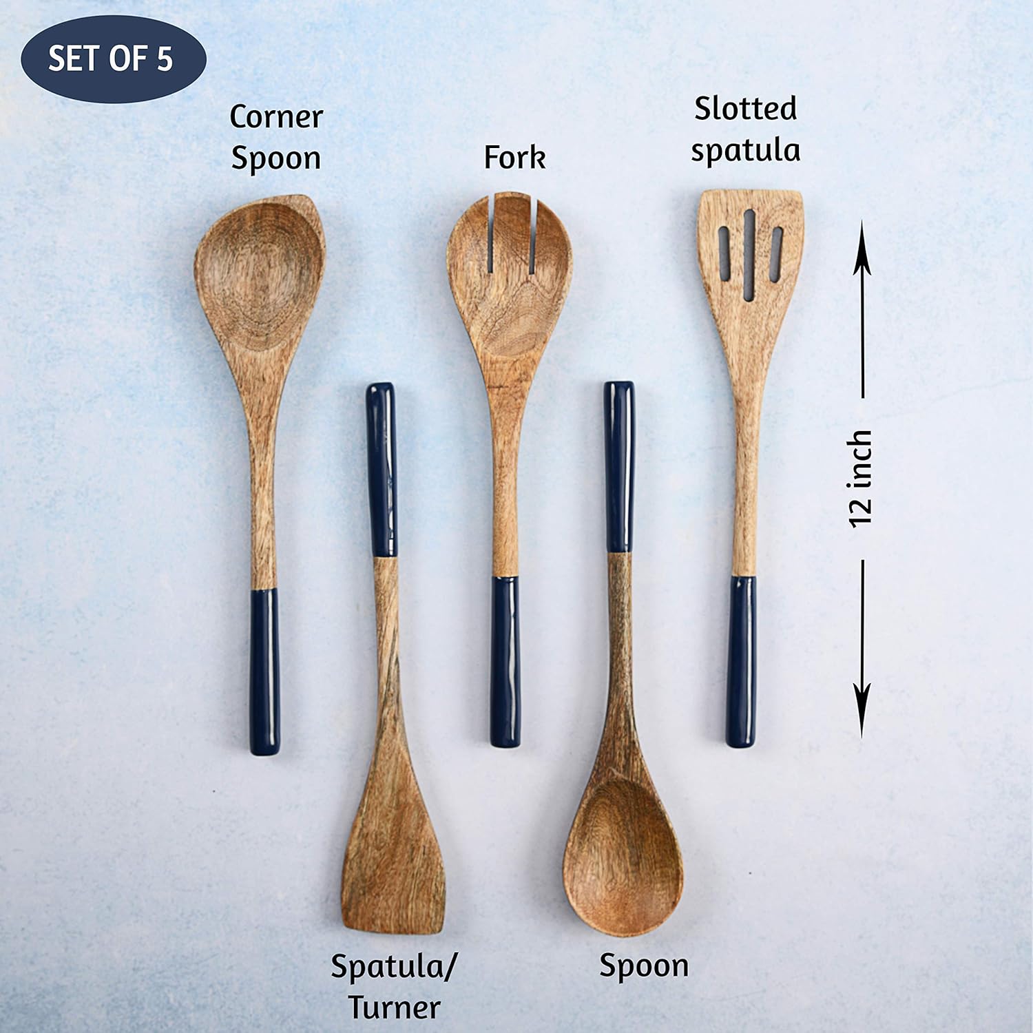 Folkulture Set of 5 Wooden Cooking Utensils - Blue
