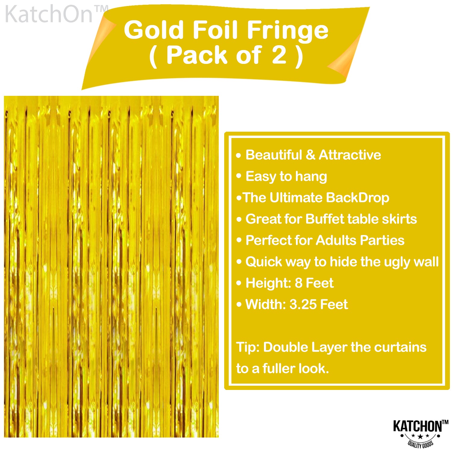 KatchOn, XtraLarge Gold Fringe Curtain Backdrop - 8x3.2 Feet, Pack of 2 Gold Streamers Party Decorations | Gold Foil Curtain for Gold Party Decorations | Gold Streamer Backdrop, Graduation Decorations