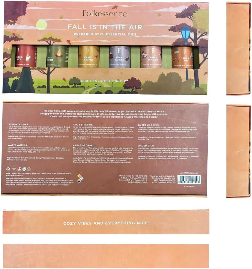 Folkulture Fall Essential Oils for Diffuser Oil, Essential Oils Set of 6 x 0.34 fl oz, 60 ml Fragrance Oil, Diffuser Oils Scents for Home, Fall Fragrance Oils - Pumpkin Spice, Caramel, Vanilla