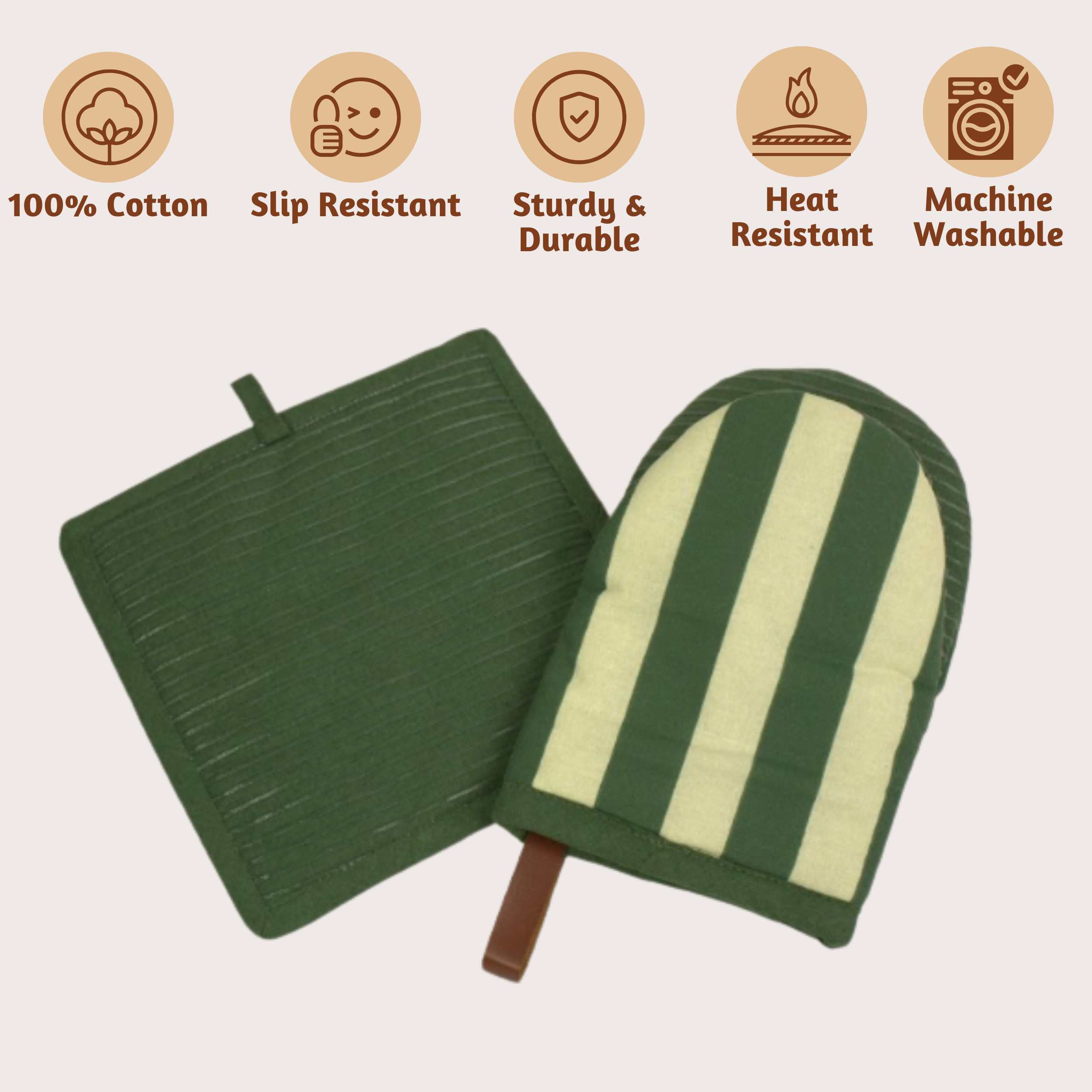Folkulture Singles Matcha Mini Mitt & Potholder | 100% Cotton with Non-Slip Silicone Grip | Heat Resistant Oven Mitt Set | Durable & Washable - Matcha