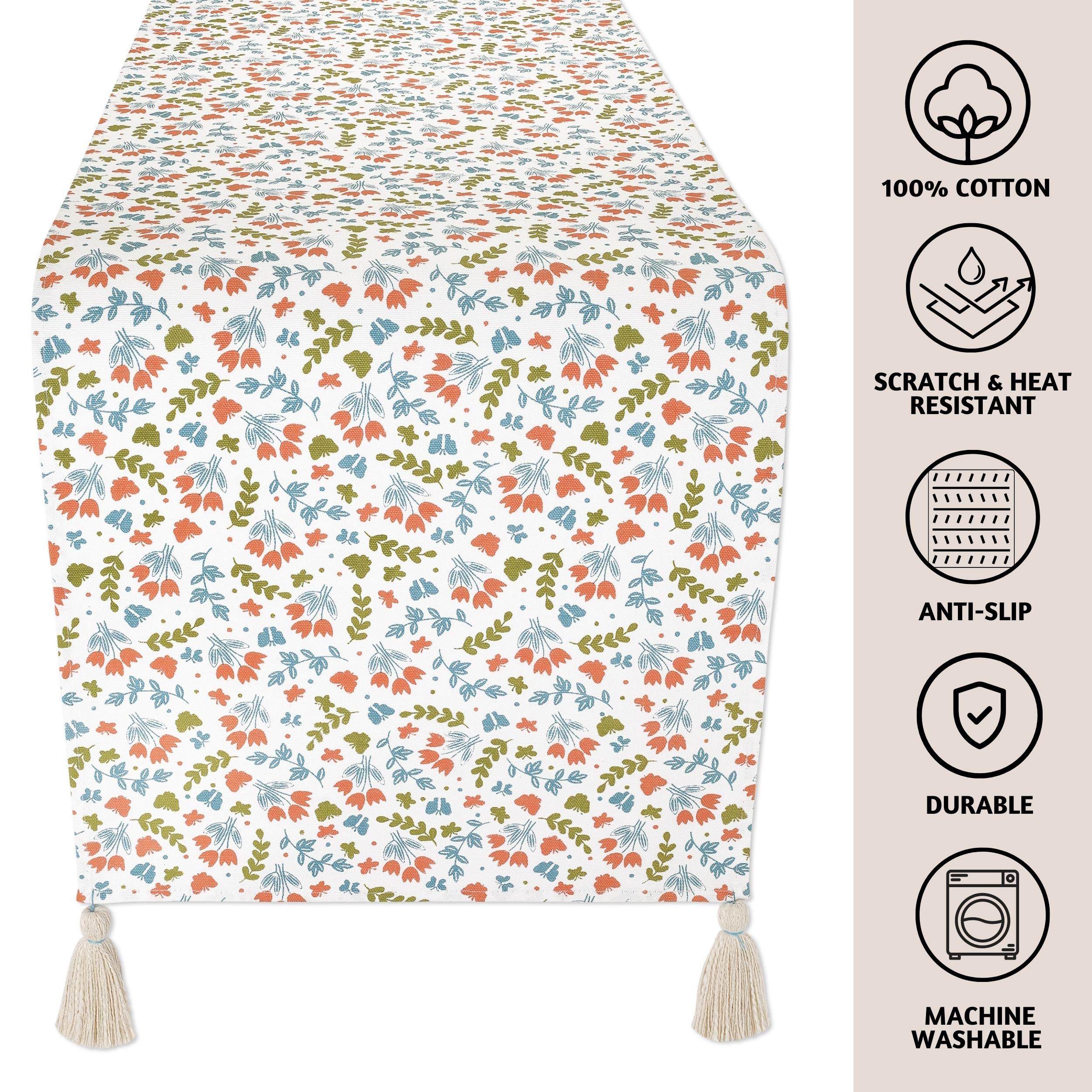 Folkulture Spring Table Runner 72 Inches with Tassels, 100% Cotton Rustic Runner for Home Decor, Coffee or Dining Table, Spring Garden