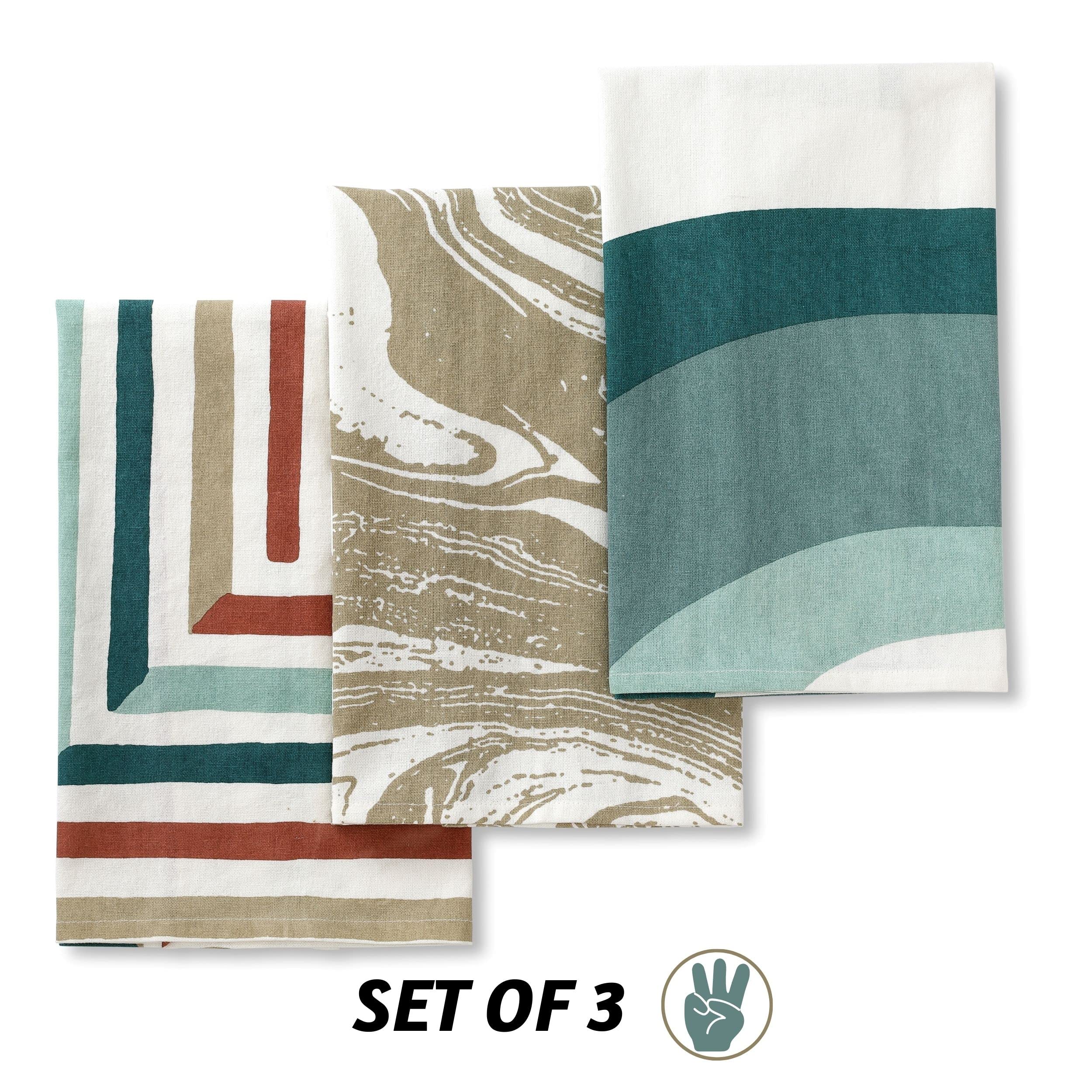 Folkulture 100% Cotton Dish Towels Set of 3 | 20" x 26” Boho Kitchen Tea Towels with Hanging Loop | Decorative & Absorbent Dishcloths Greece