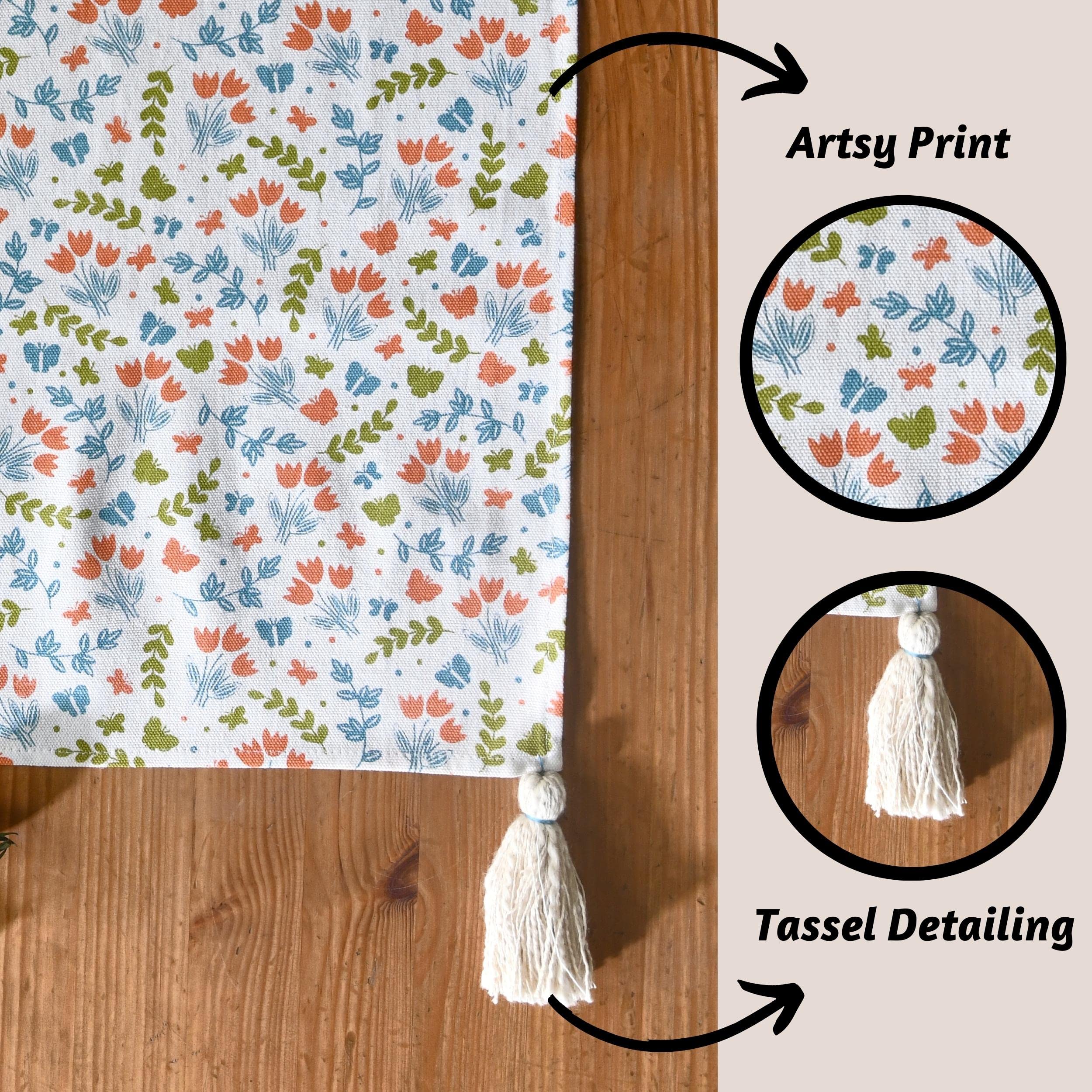 Folkulture Spring Table Runner 72 Inches with Tassels, 100% Cotton Rustic Runner for Home Decor, Coffee or Dining Table, Spring Garden