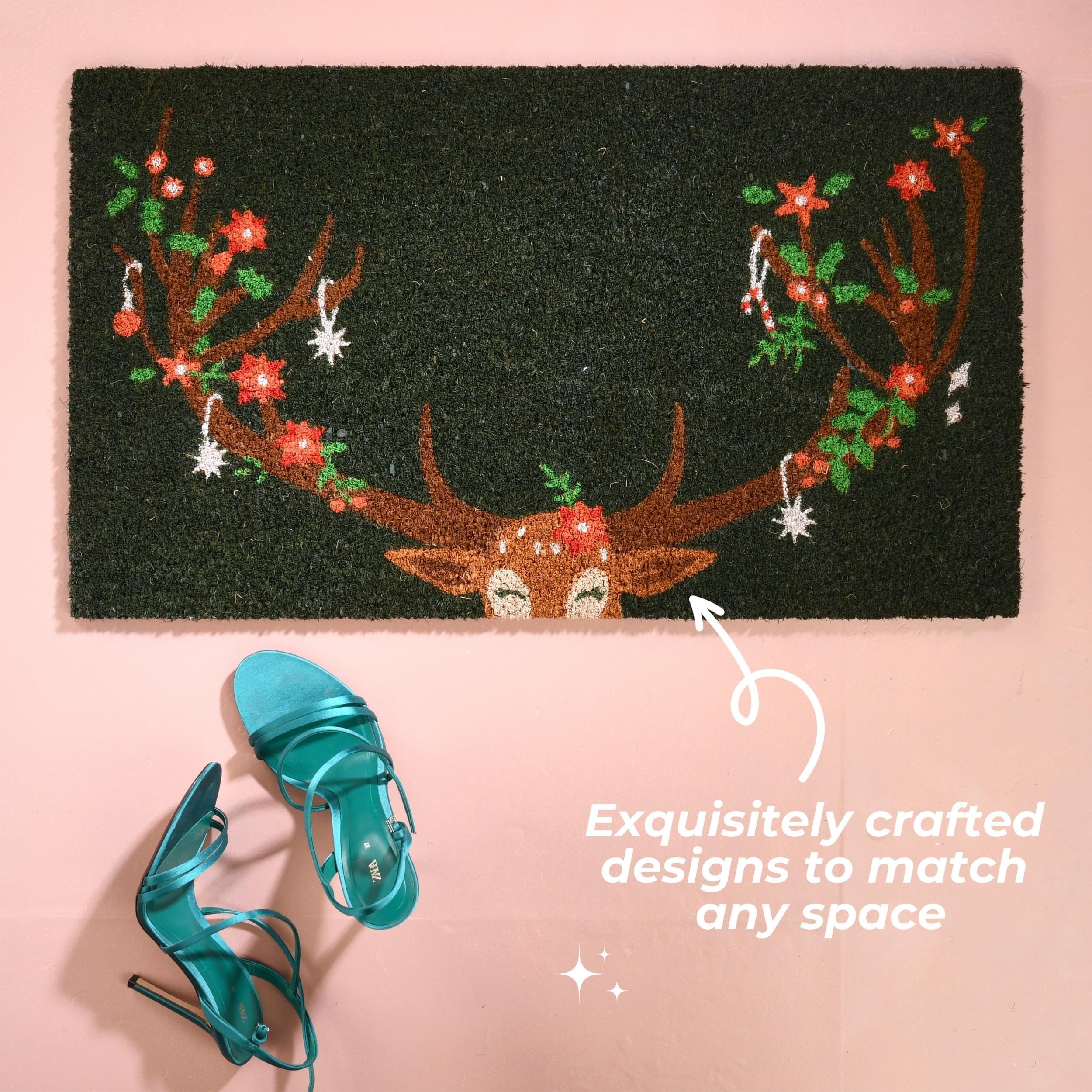 Folkulture Christmas Door Mat Outdoor | 28 x 16 Inch Eco-Friendly Coir Welcome Mat | Durable Anti-Slip Doormat for Front Door & Home Entrance (Reindeer)