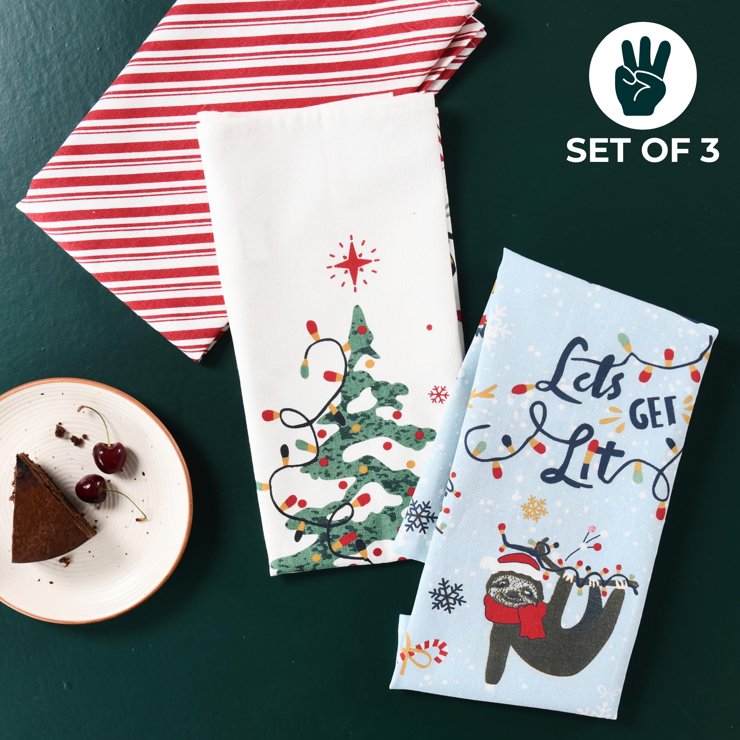 Folkulture Christmas Kitchen Towels Set of 3 for Christmas Decor, 26x20 Boho Tea Towels or Dish Towels Decorative, 100% Cotton Hand Towel for Farmhouse Décor, for Women or Mom, Get Lit