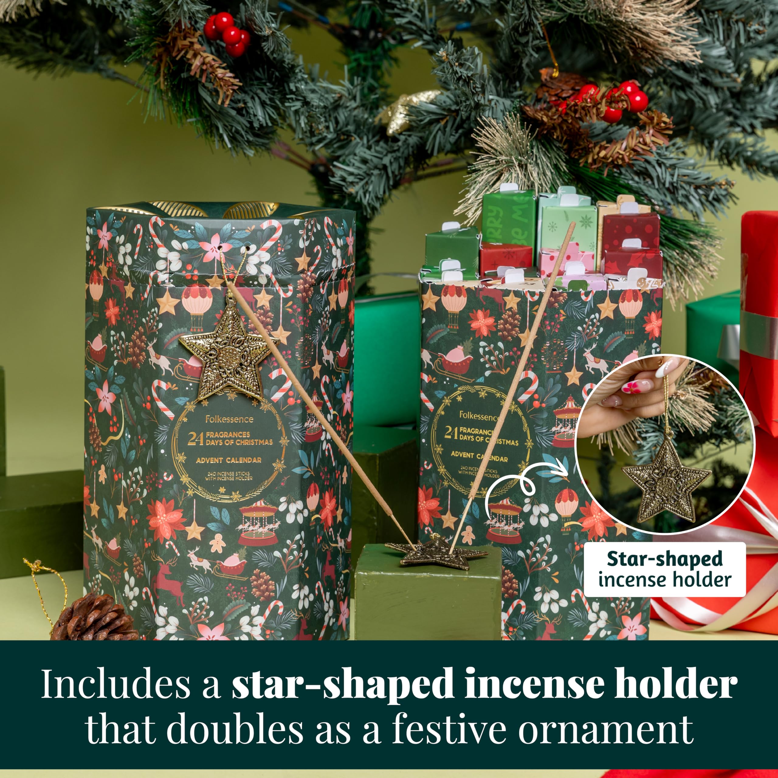 Folkulture Christmas Advent Calendar 2025 | Pack of 24 Organic Incense Sticks | Non-Toxic, Slow Burning Incense for Gifts | Xmas Gifts for Women | Holiday Scented Calendar