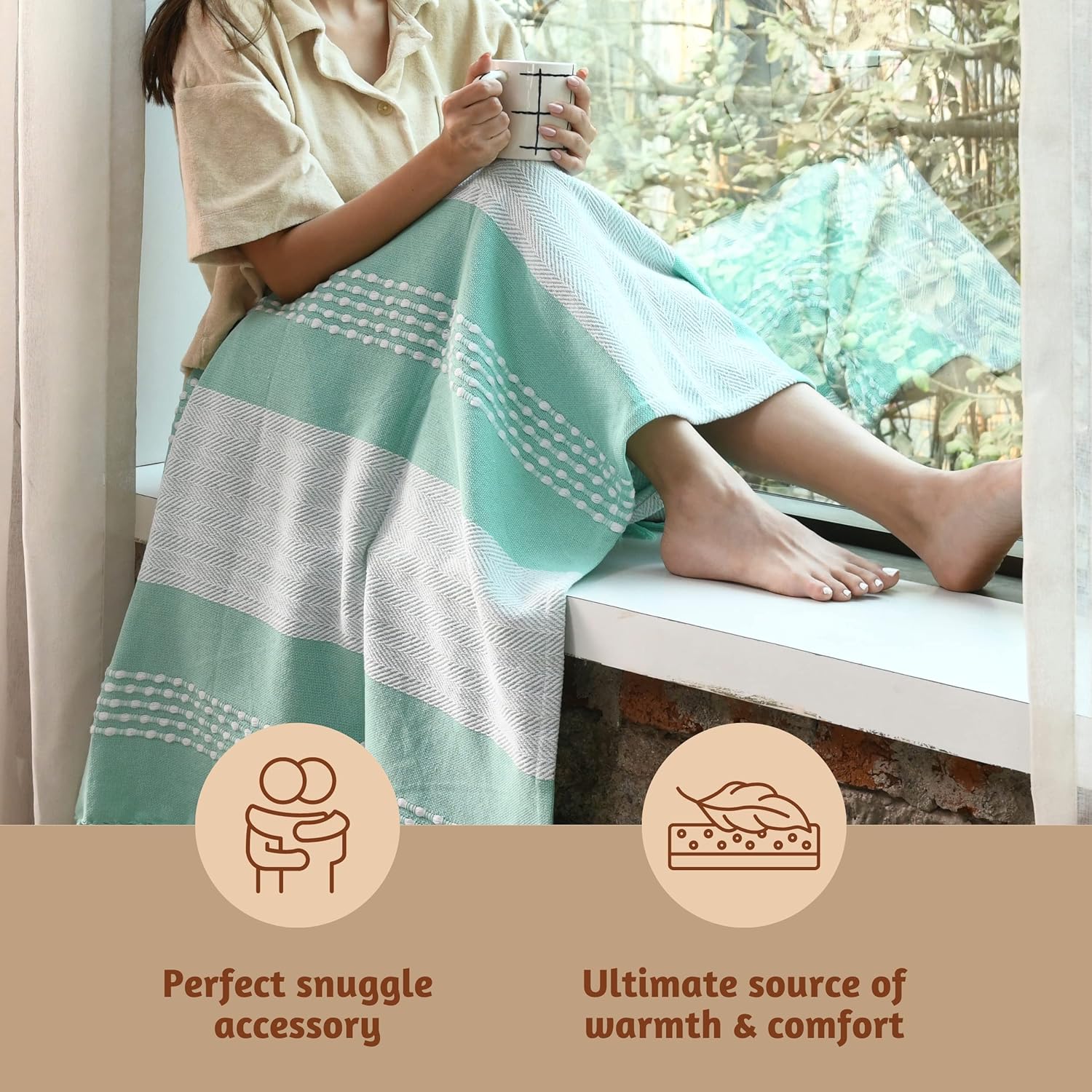 Folkulture 50 X 60" Throws 100% Recycled Cotton Herringbone  - Water green