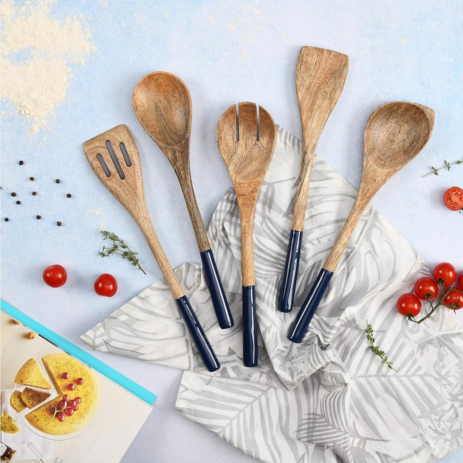 Folkulture Set of 5 Wooden Cooking Utensils - Blue