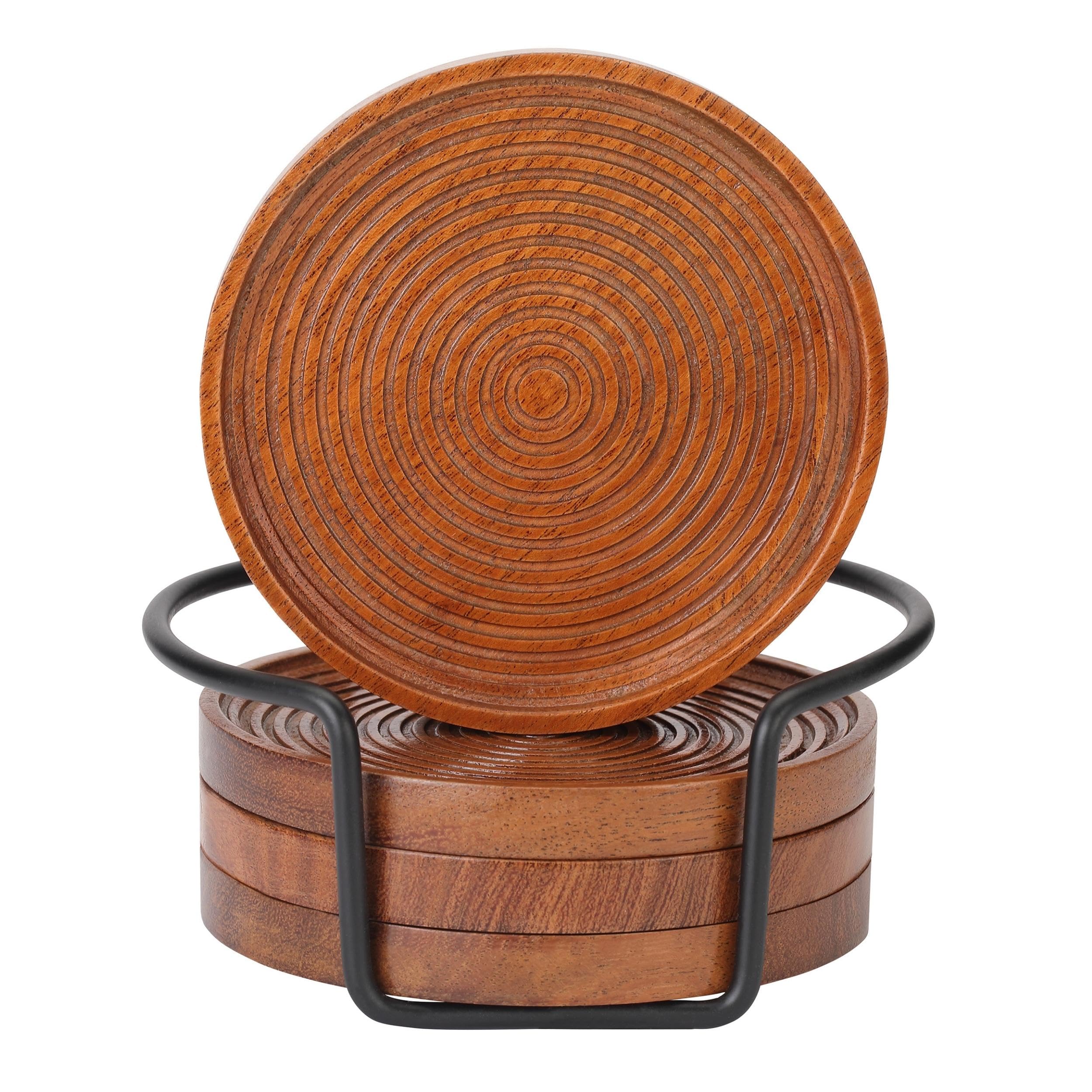 Folkulture Wooden Coasters for Drinks, Set of 4 (4") Round Wood Coaster with Holder, Rustic Farmhouse Coaster for Dining Table