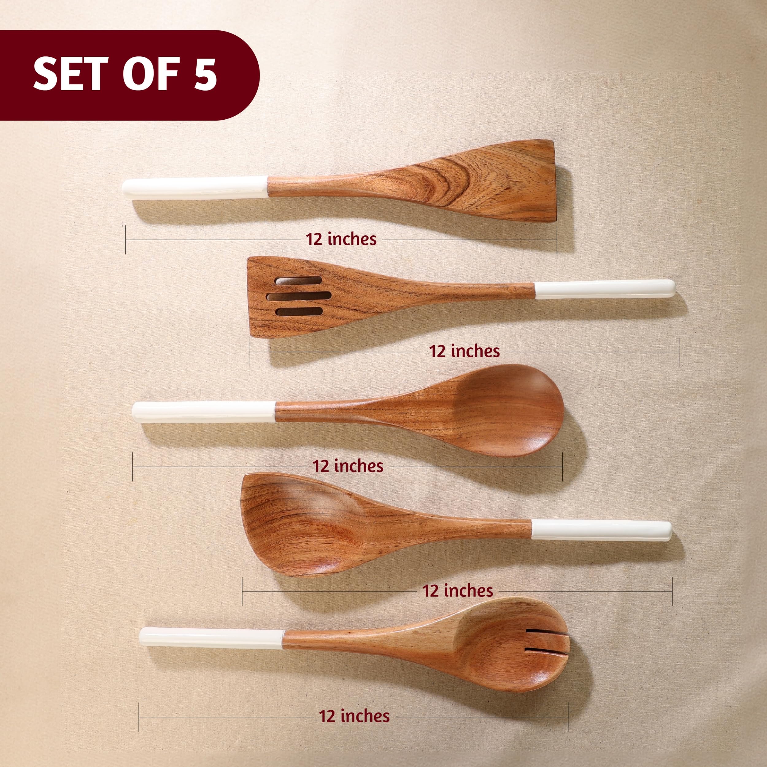 Folkulture Set of 5 Wooden Cooking Utensils - White