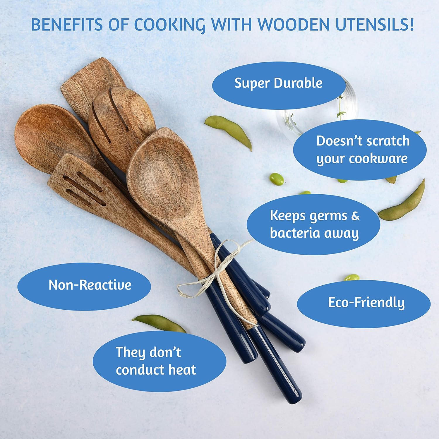 Folkulture Set of 5 Wooden Cooking Utensils - Blue