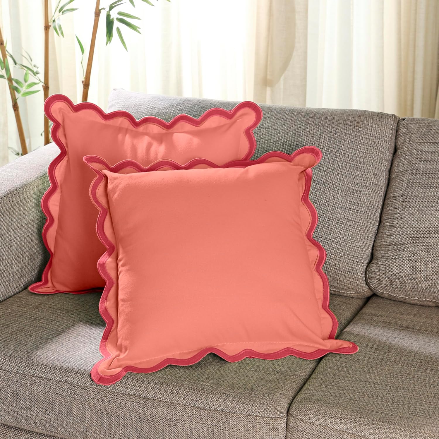 Folkulture 18 X 18" Set of 2 Cushion Cover Scallop Embroidery Oasis - Coral Red