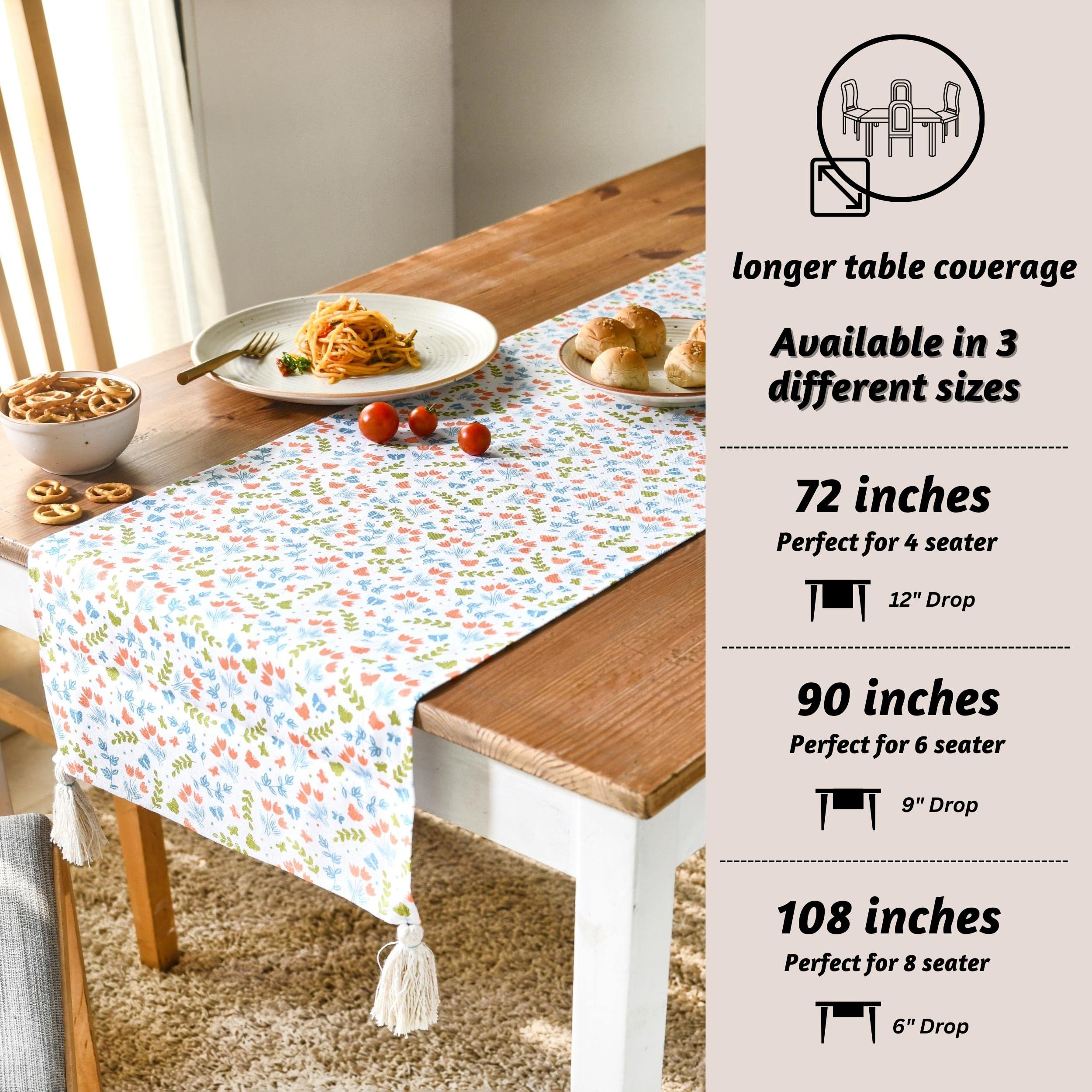 Folkulture Spring Table Runner 72 Inches with Tassels, 100% Cotton Rustic Runner for Home Decor, Coffee or Dining Table, Spring Garden