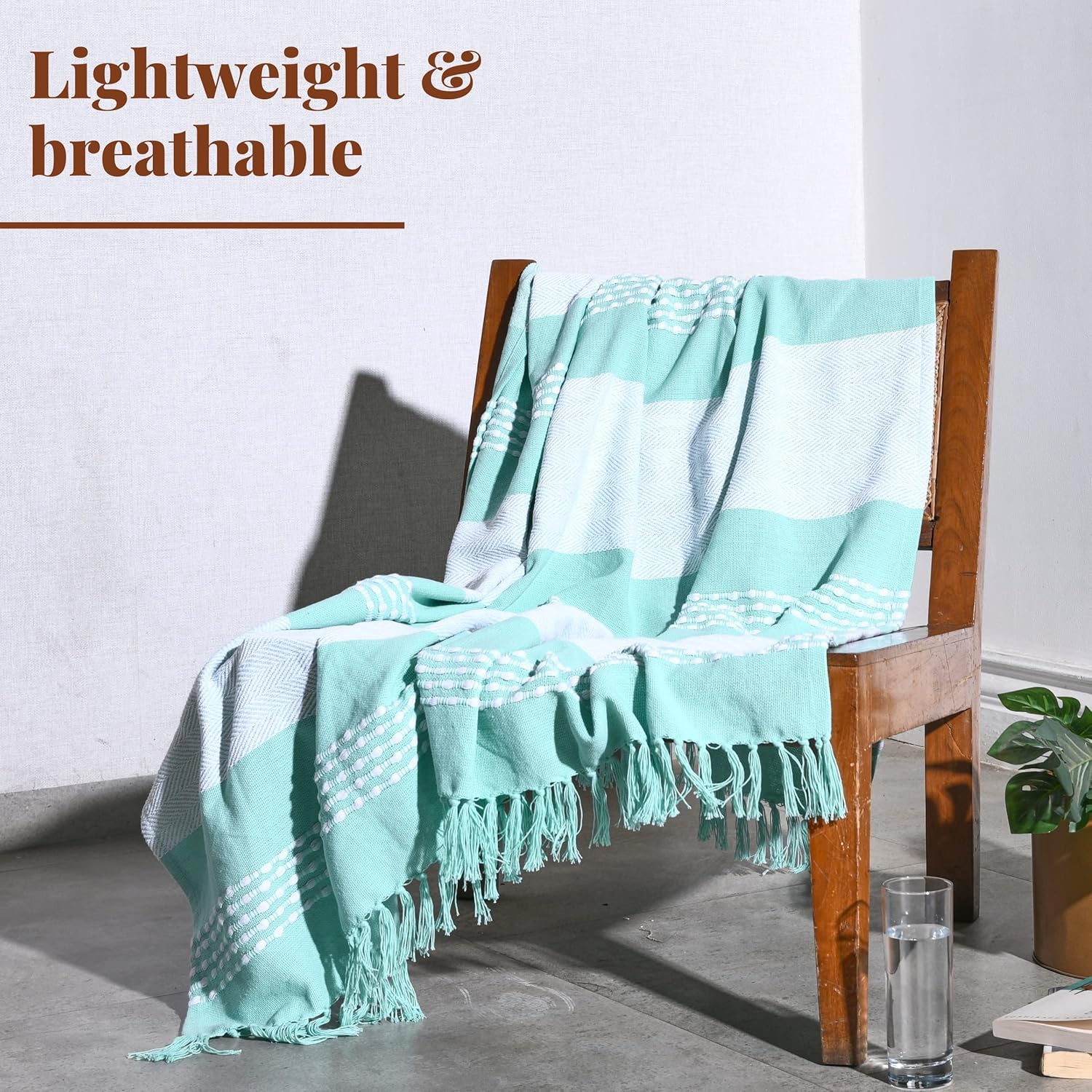 Folkulture 50 X 60" Throws 100% Recycled Cotton Herringbone  - Water green