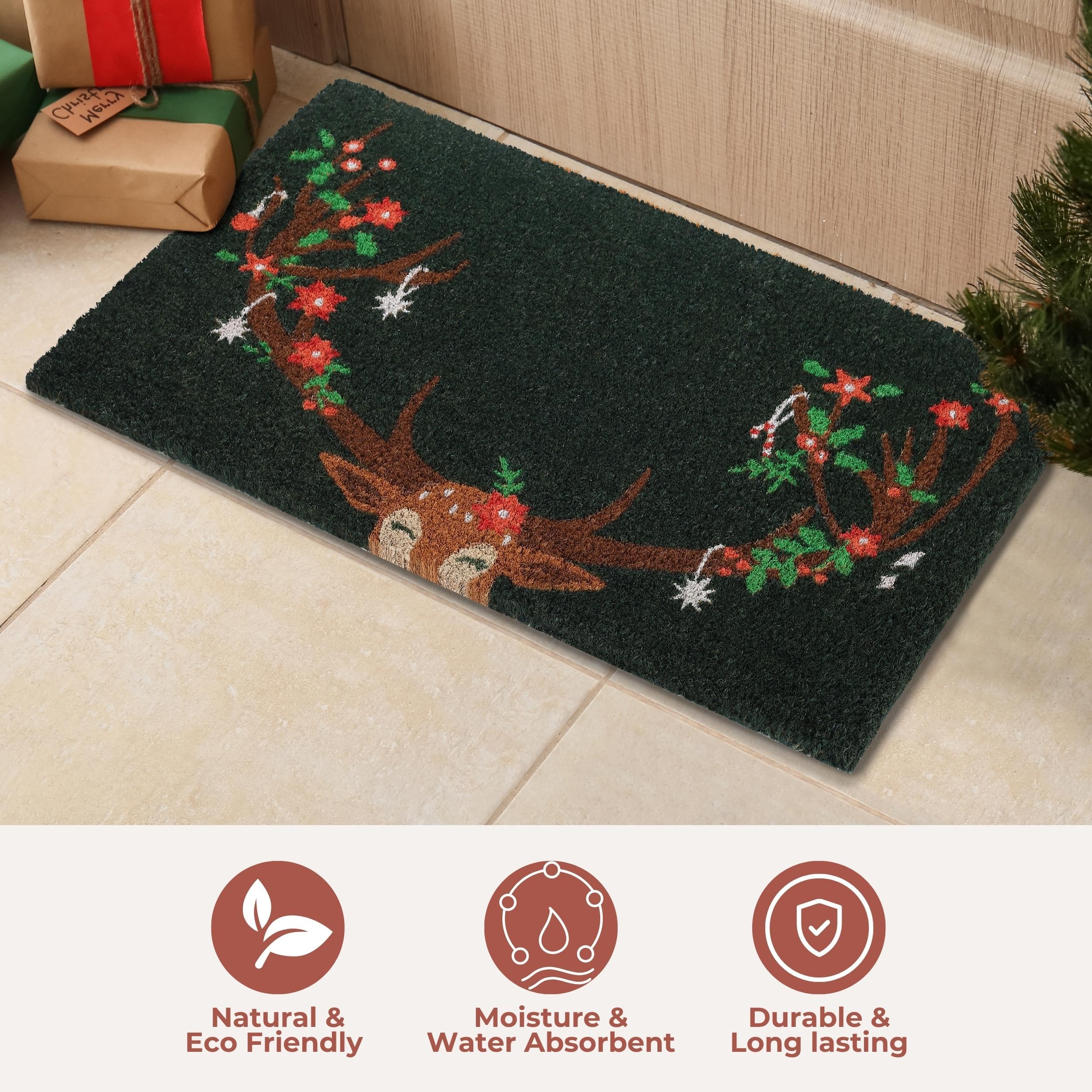 Folkulture Christmas Door Mat Outdoor | 28 x 16 Inch Eco-Friendly Coir Welcome Mat | Durable Anti-Slip Doormat for Front Door & Home Entrance (Reindeer)