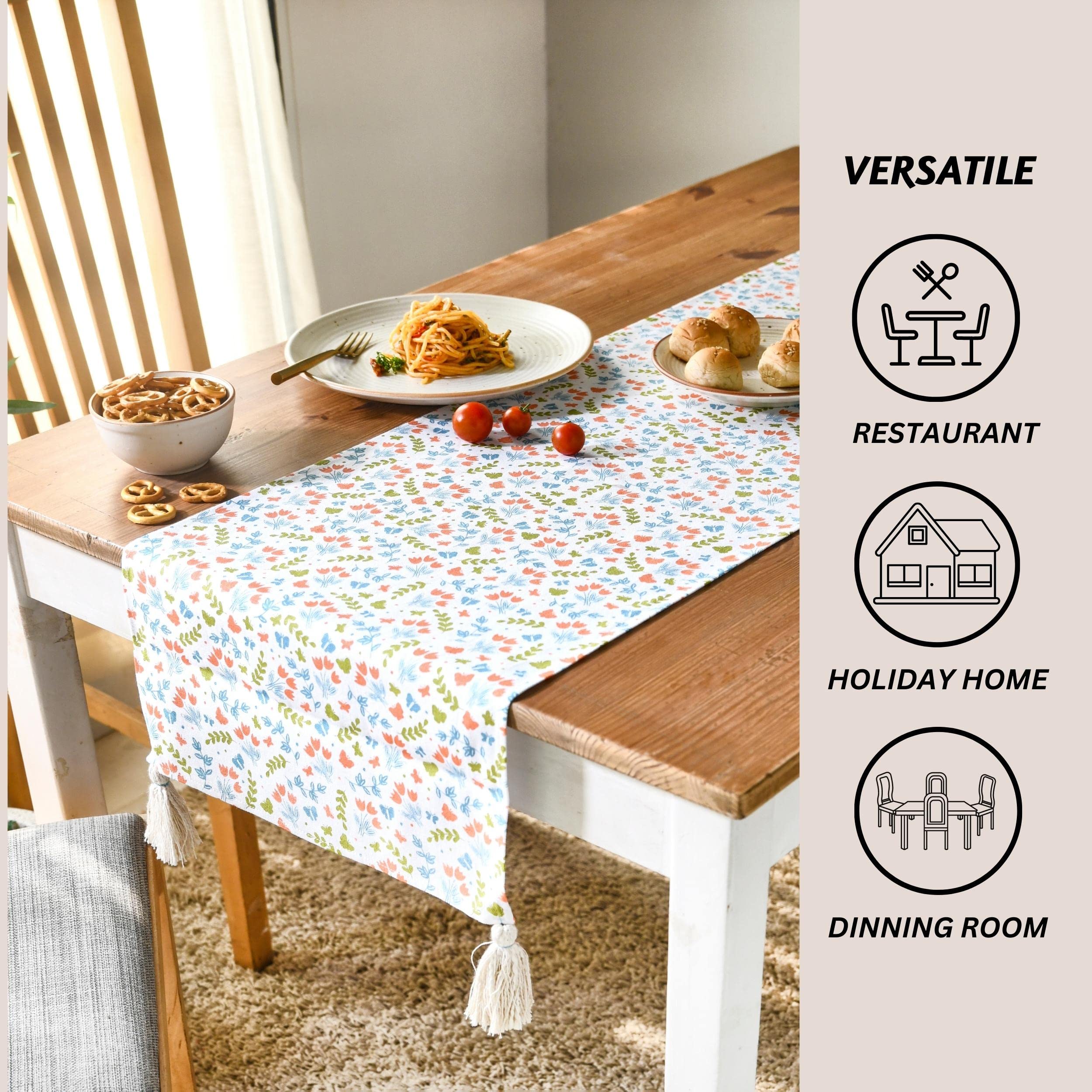 Folkulture Spring Table Runner 72 Inches with Tassels, 100% Cotton Rustic Runner for Home Decor, Coffee or Dining Table, Spring Garden