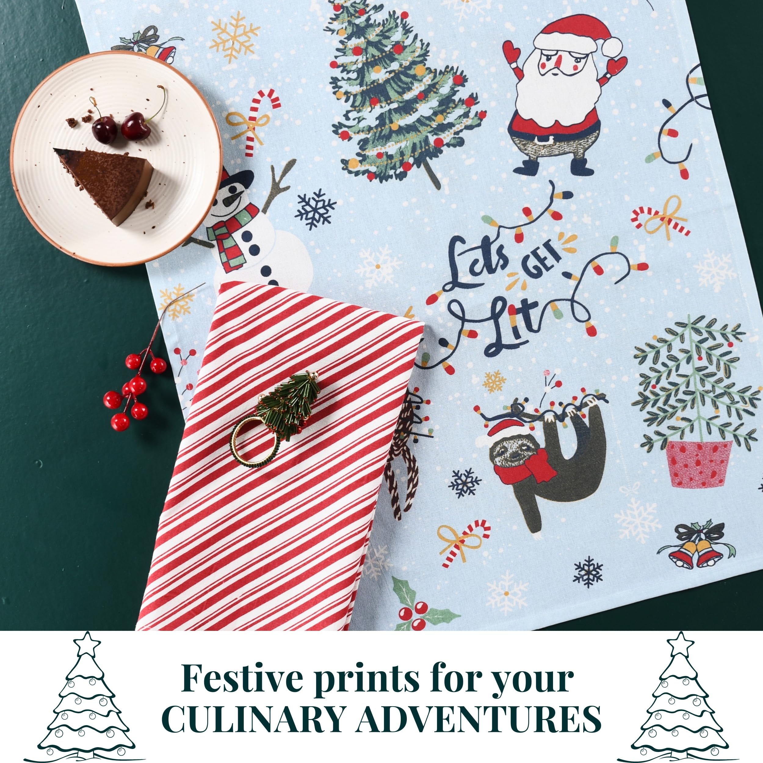 Folkulture Christmas Kitchen Towels Set of 3 for Christmas Decor, 26x20 Boho Tea Towels or Dish Towels Decorative, 100% Cotton Hand Towel for Farmhouse Décor, for Women or Mom, Get Lit
