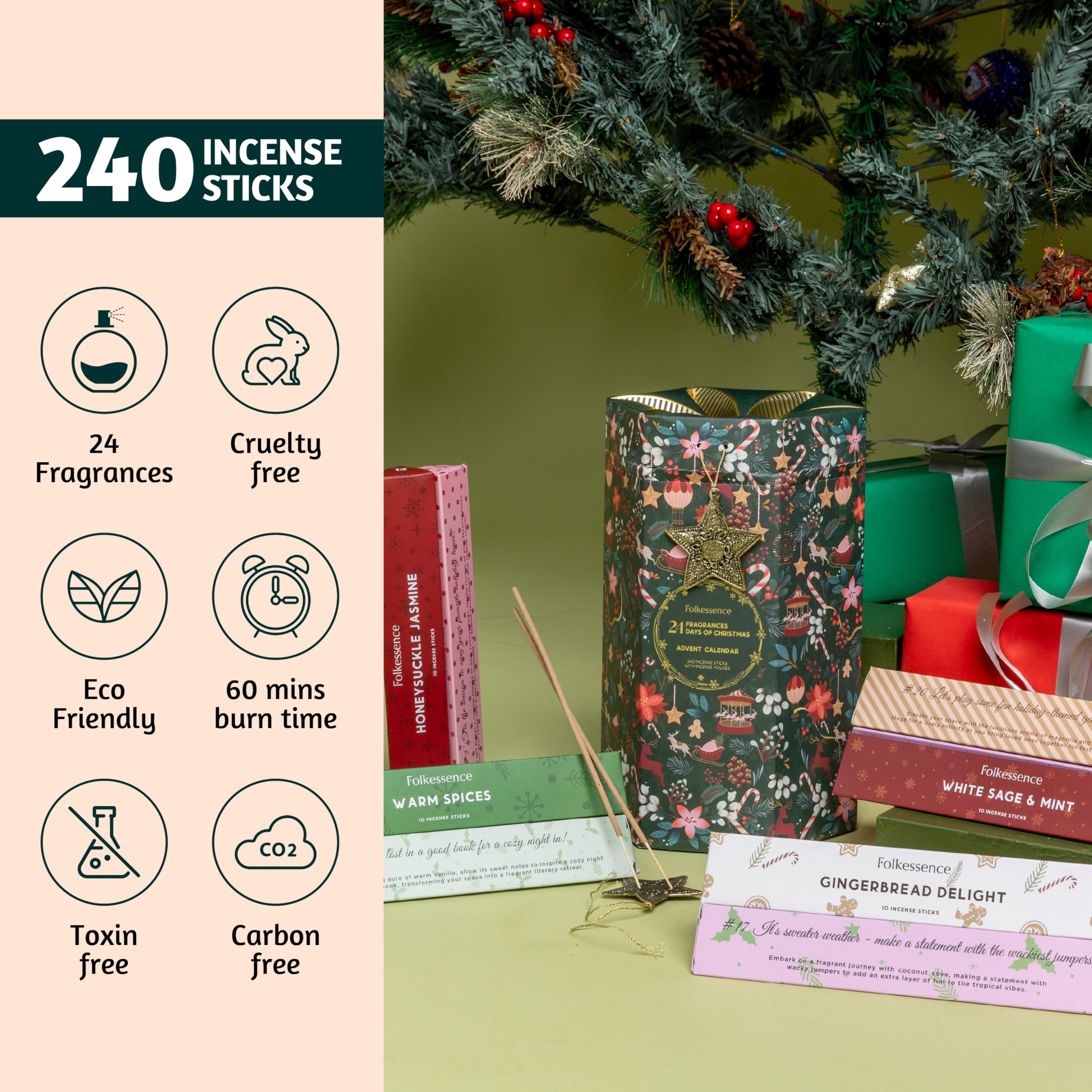 Folkulture Christmas Advent Calendar 2025 | Pack of 24 Organic Incense Sticks | Non-Toxic, Slow Burning Incense for Gifts | Xmas Gifts for Women | Holiday Scented Calendar